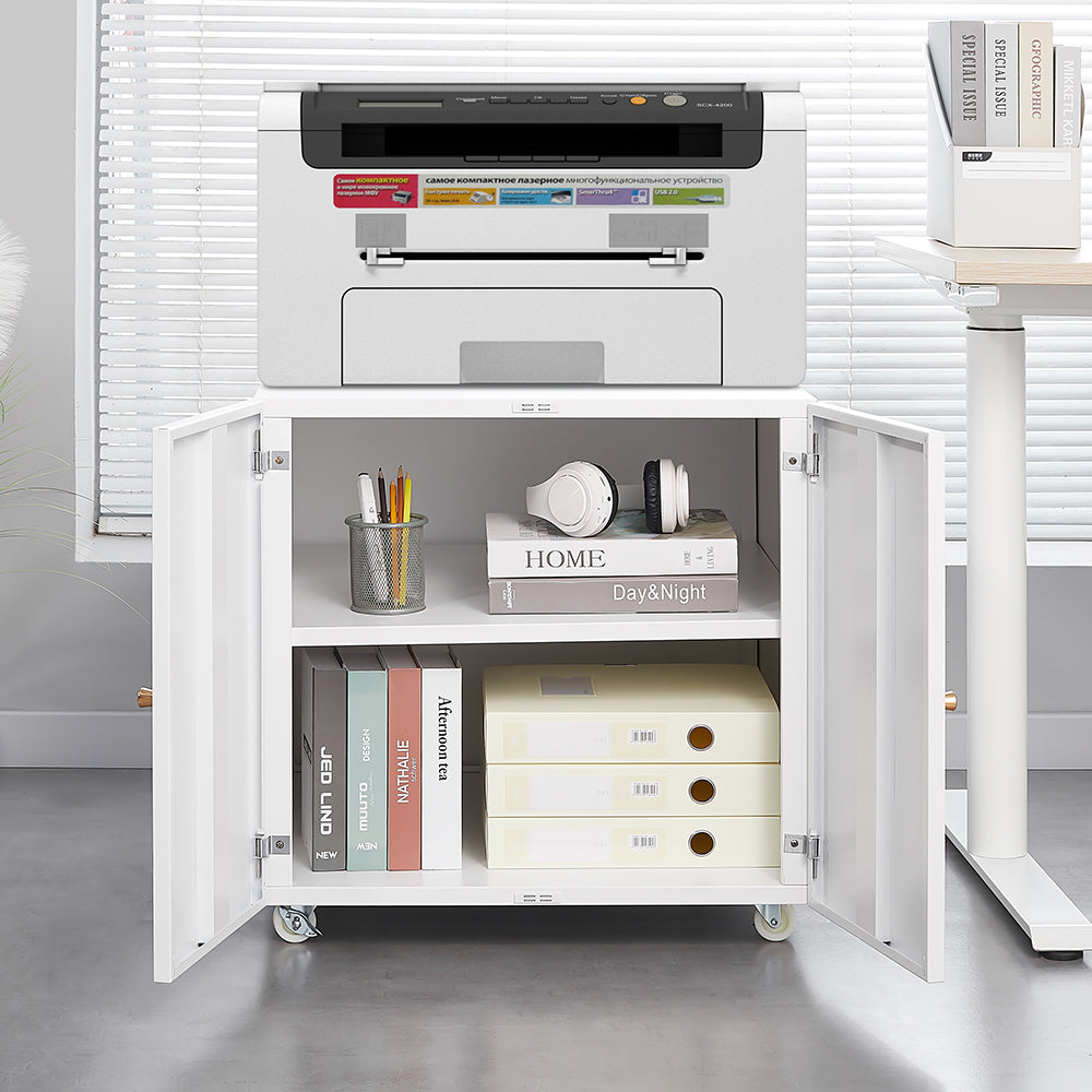 Metal Printer Stand - Mobile Storage, Adjustable Shelf, File Cabinet - White