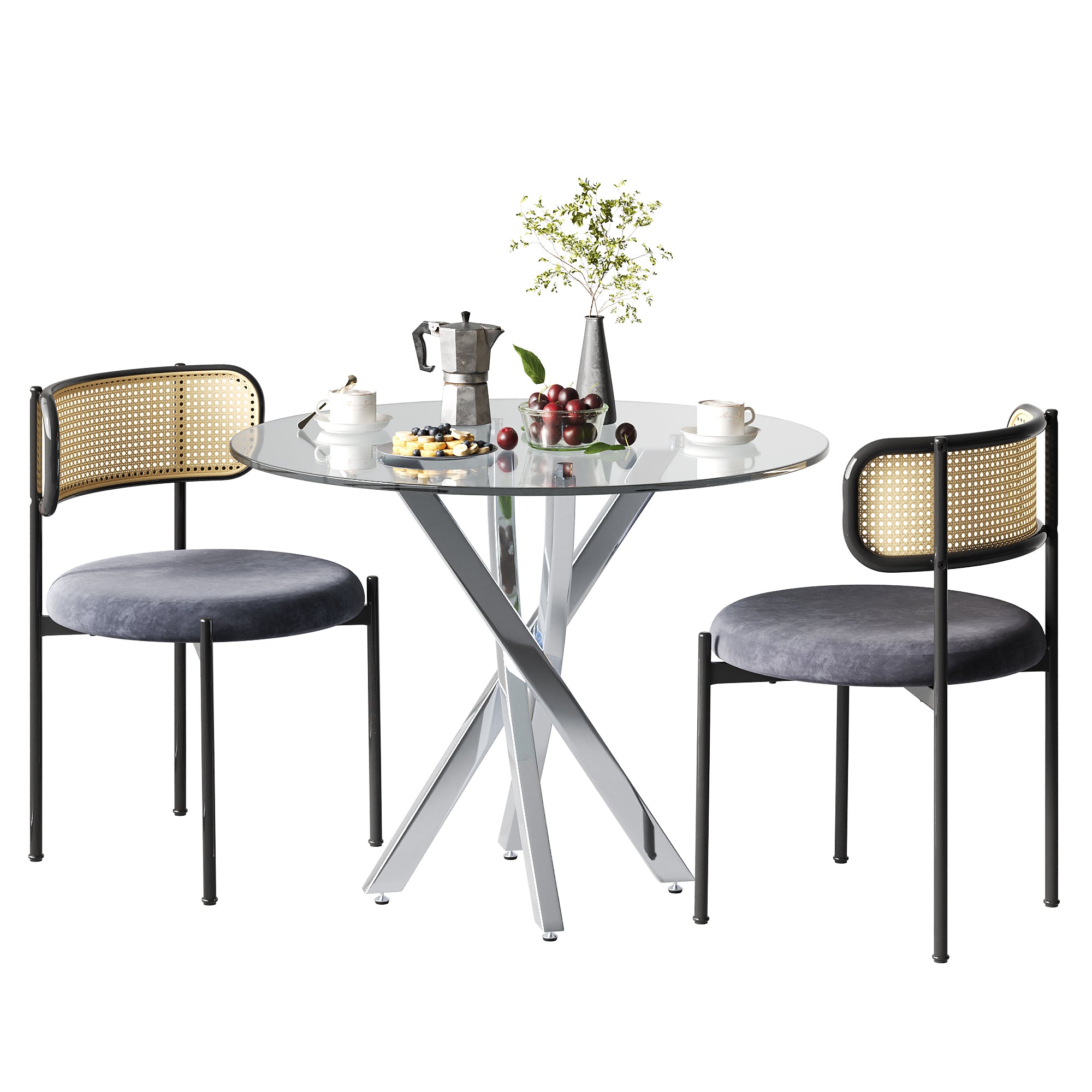 Dining Table Set, 80x80cm Tempered Glass Top, Modern 3-Piece, Grey Chairs/Silver Legs