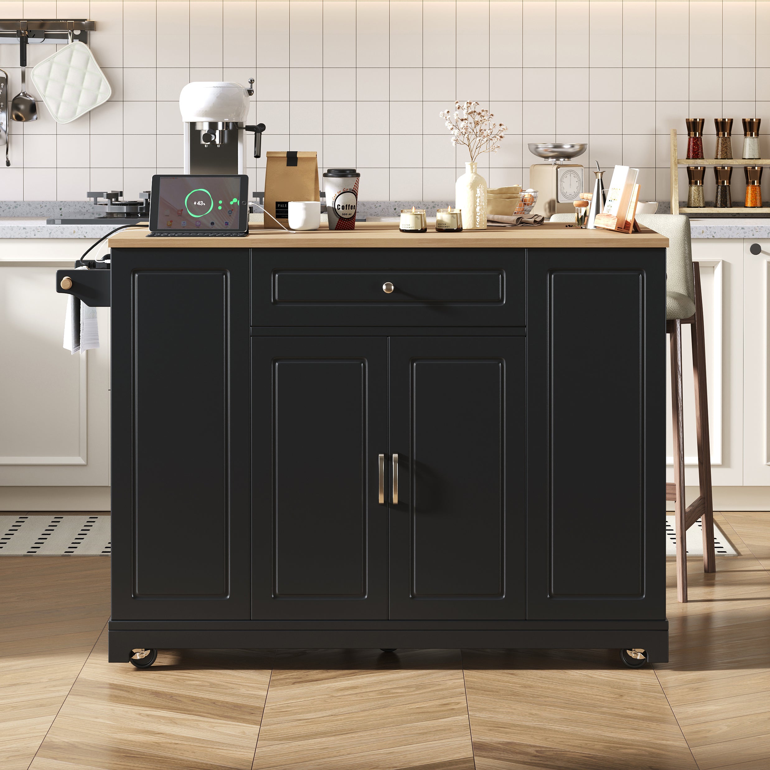 Mobile Kitchen Island Extendable Dining Area Drawers Waste Bin - Black