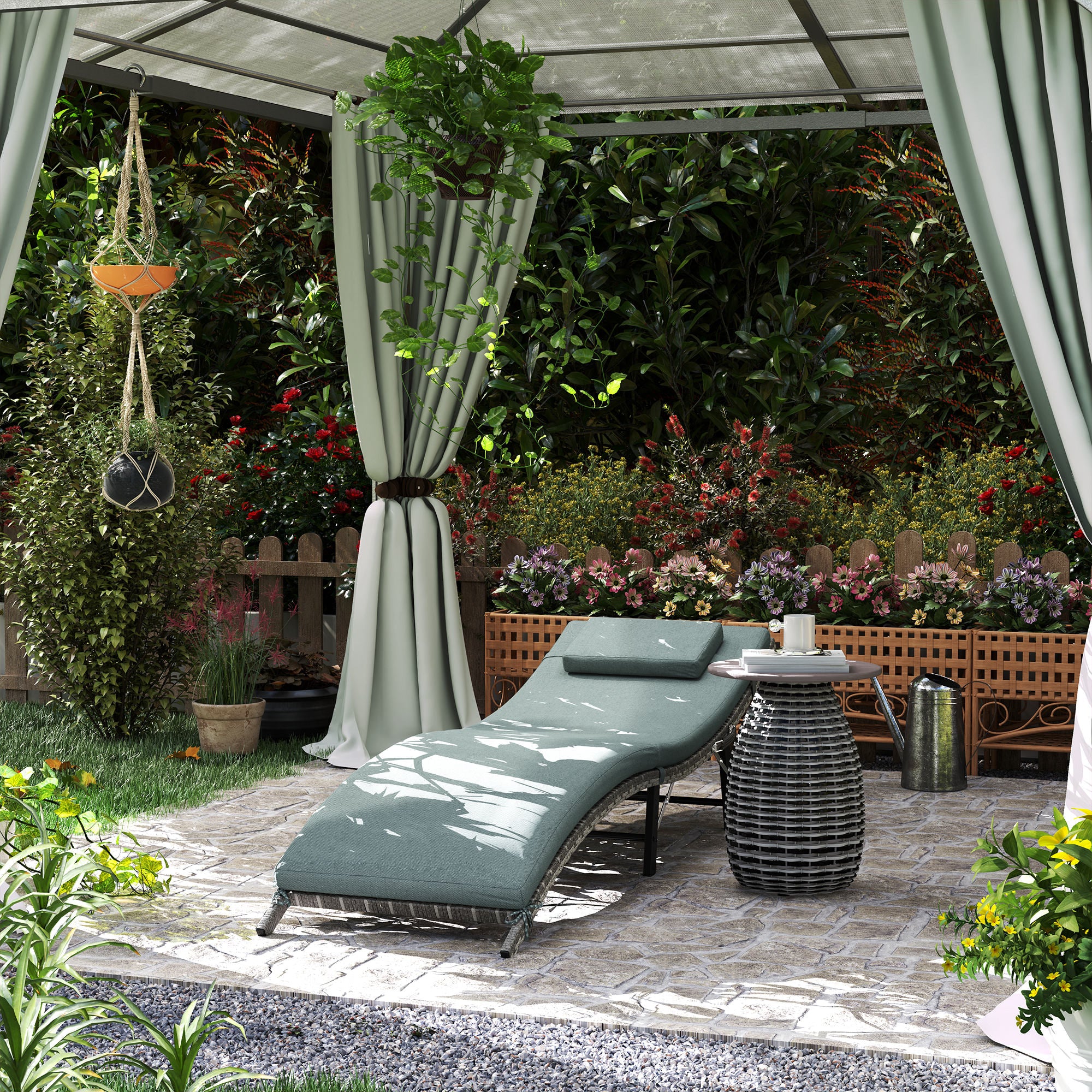 Rattan Sun Lounger Folding Outdoor Chair with Cushion, Mixed Grey