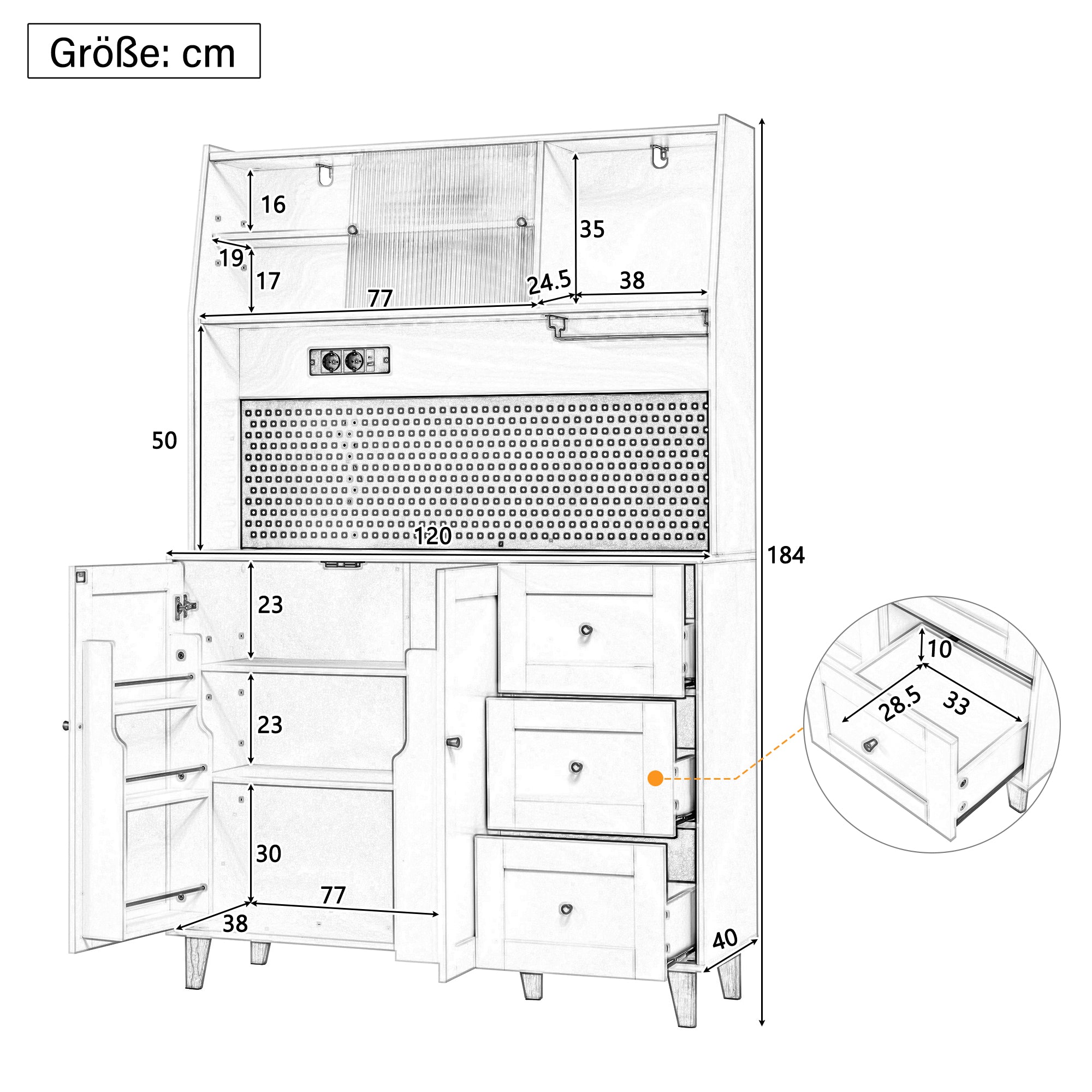 Tall Cabinet Pegboard Wine Glass Holders Sockets Storage Drawers - White
