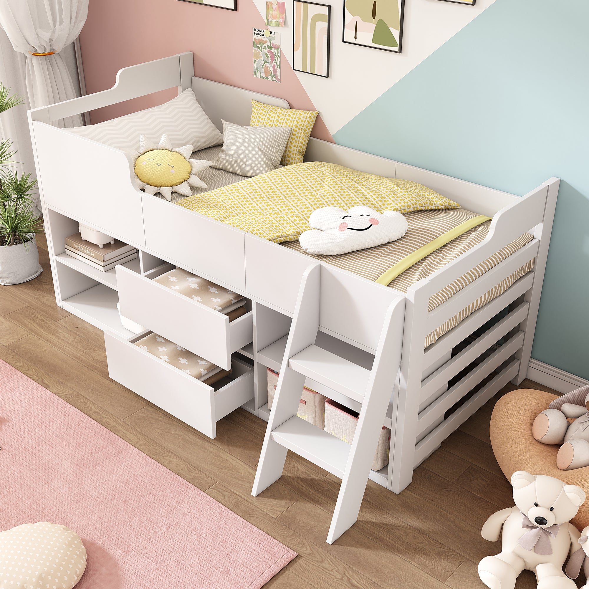 3ft Single Mid Sleeper Cabin Bed with Drawers & Shelf – White Wooden Frame