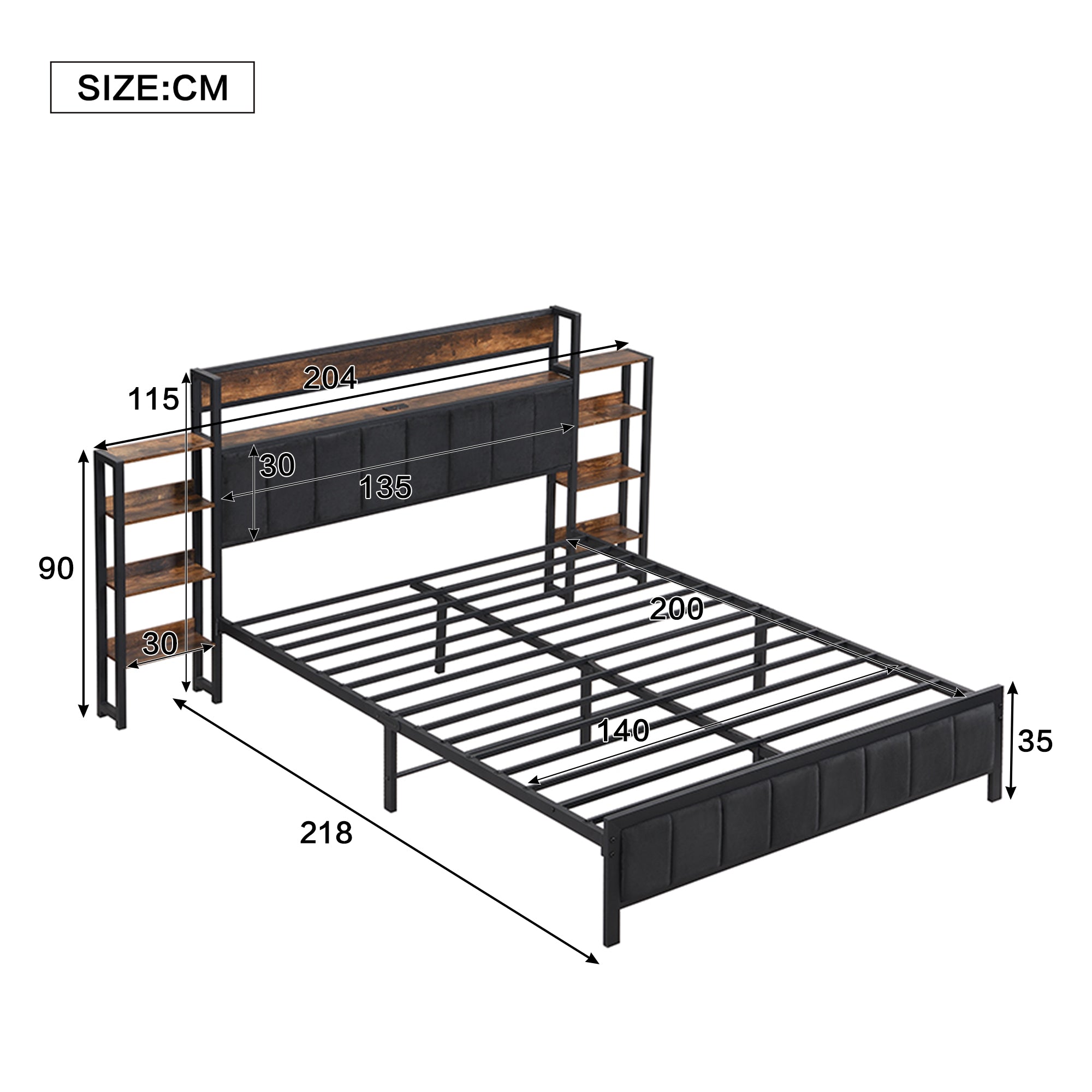 Metal Bed, Storage with Shelf & 3 USB Ports, Black & Walnut