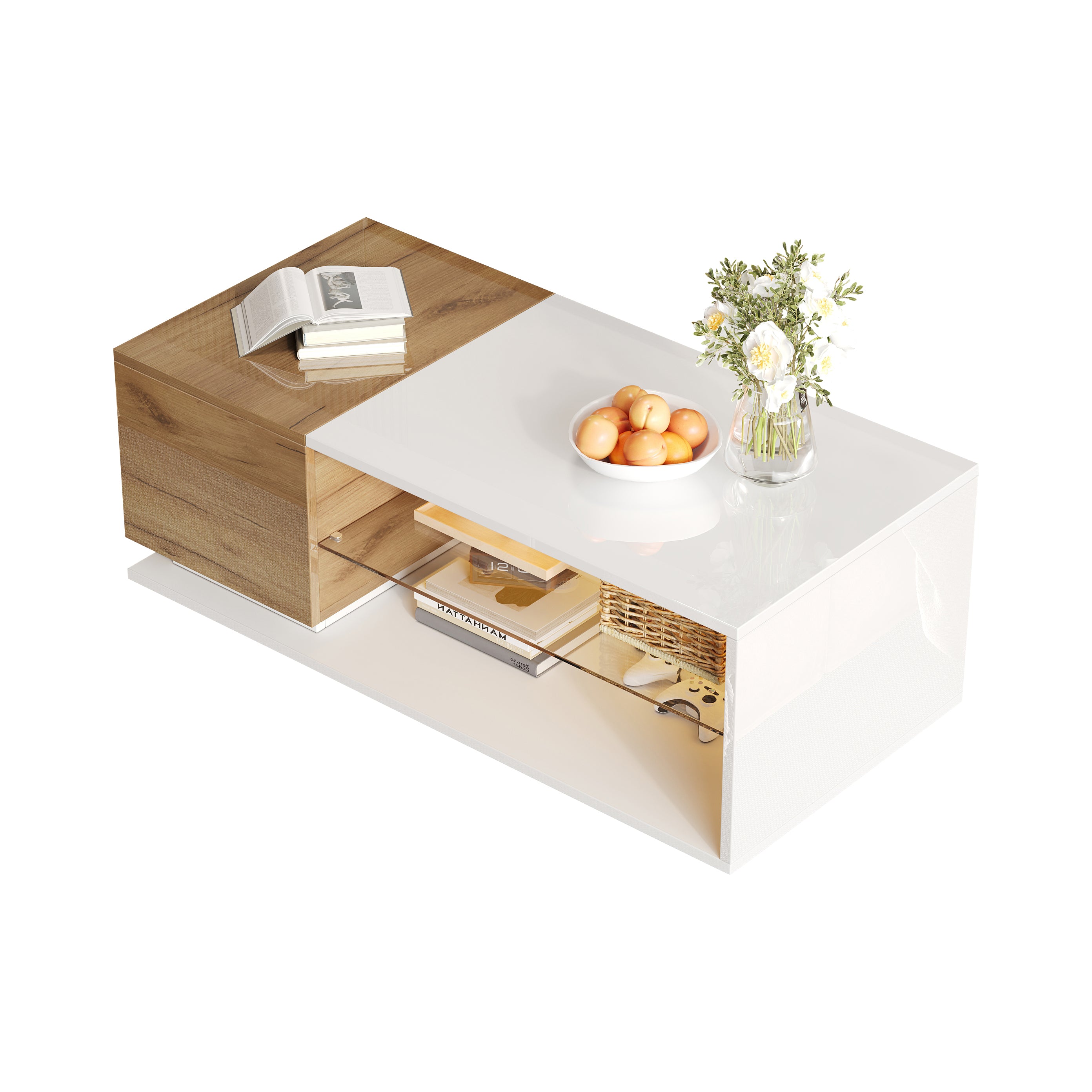 Coffee Table with Open Storage, Glass Shelves and LED, High Gloss White + Wood, MDF + Glass