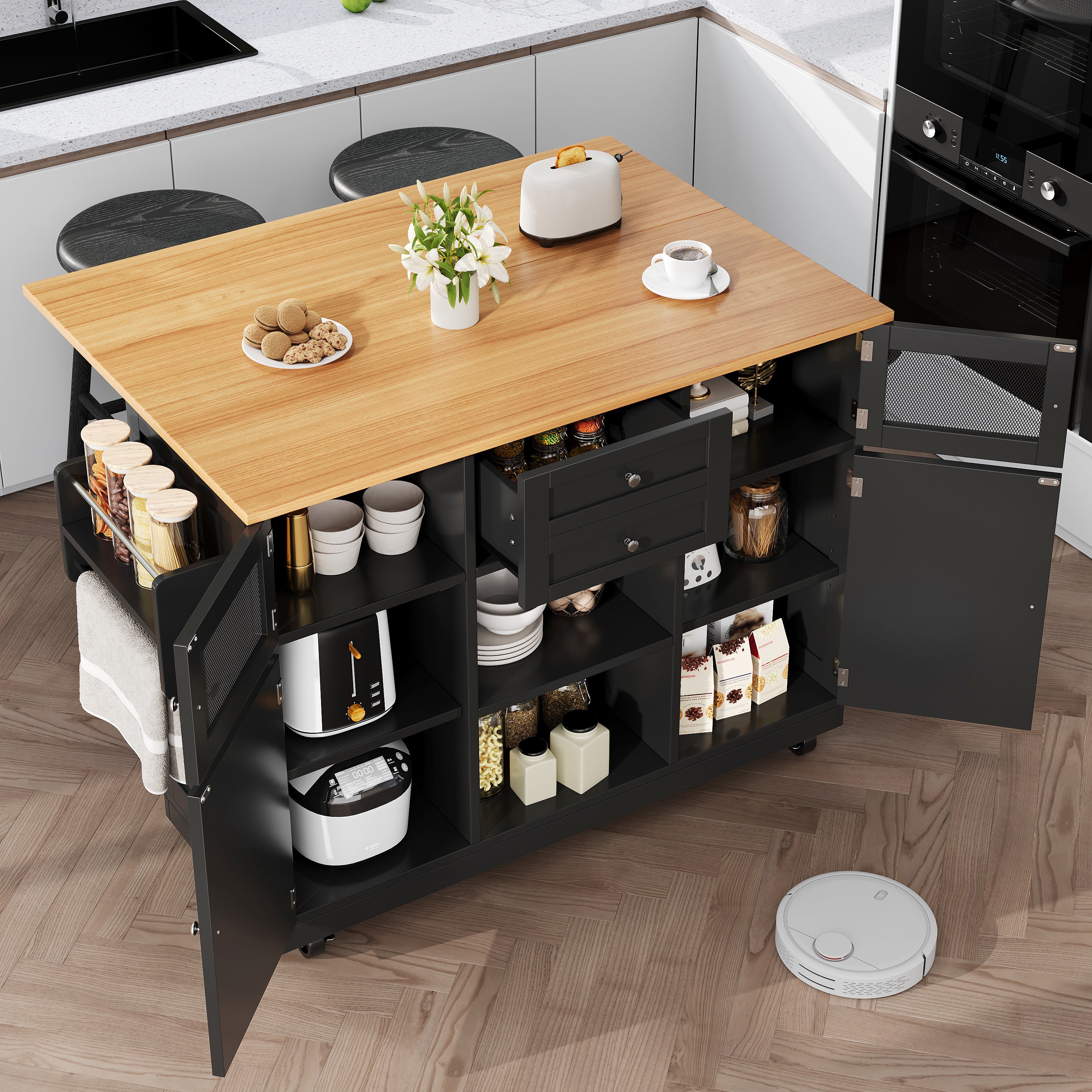 Kitchen Island Trolley Sideboard with Worktop Towel Rail Adjustable Storage Black