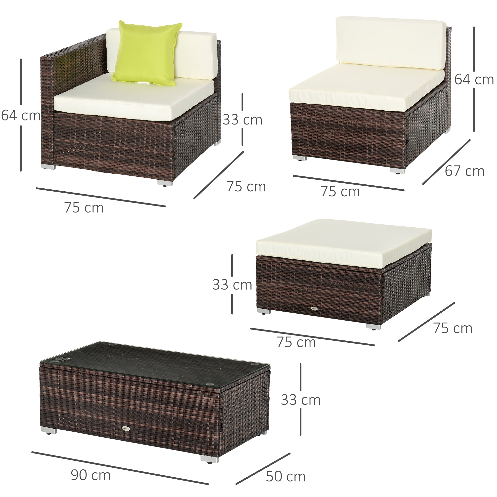 4-Seater Sofa Set Sectional Coffee Table Rattan Brown