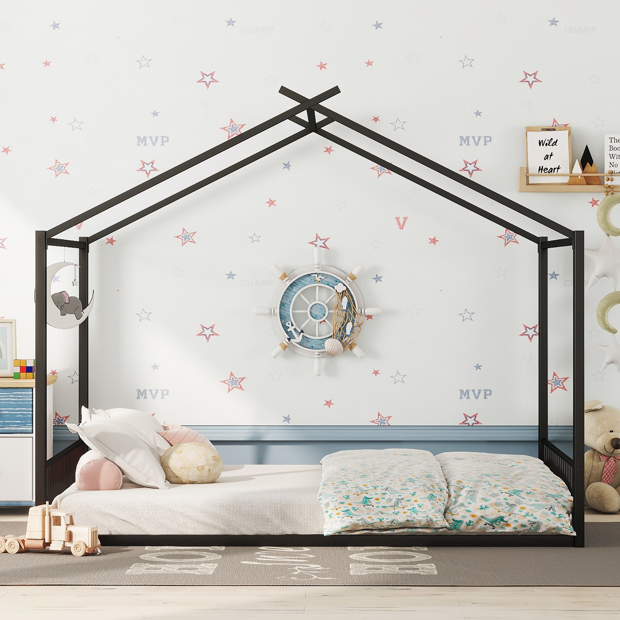 Children's Bed, 140x200cm House Rail Iron Frame, Black