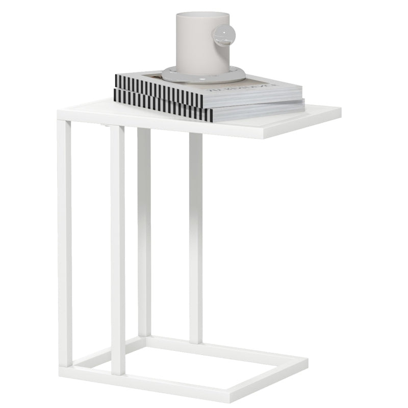 C Shape Bedside Table, Narrow Snack End Table, Metal Frame Wood-Effect Top, White