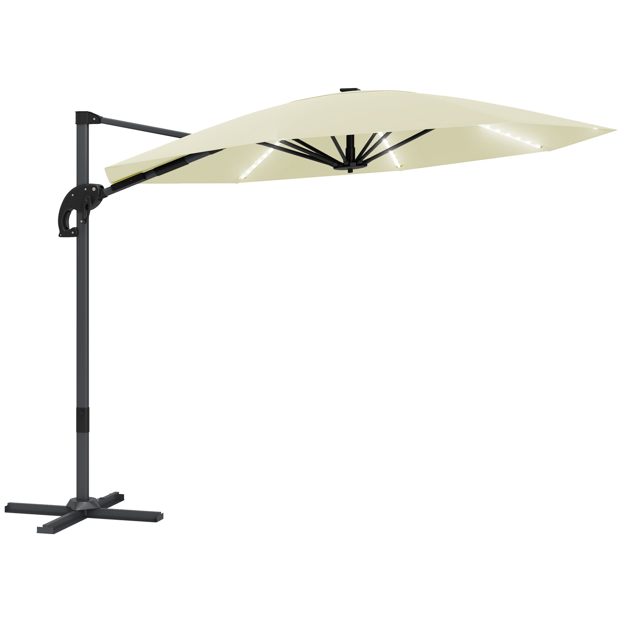 Cantilever Garden Parasol with Solar Lights, 360° Rotation, Cream