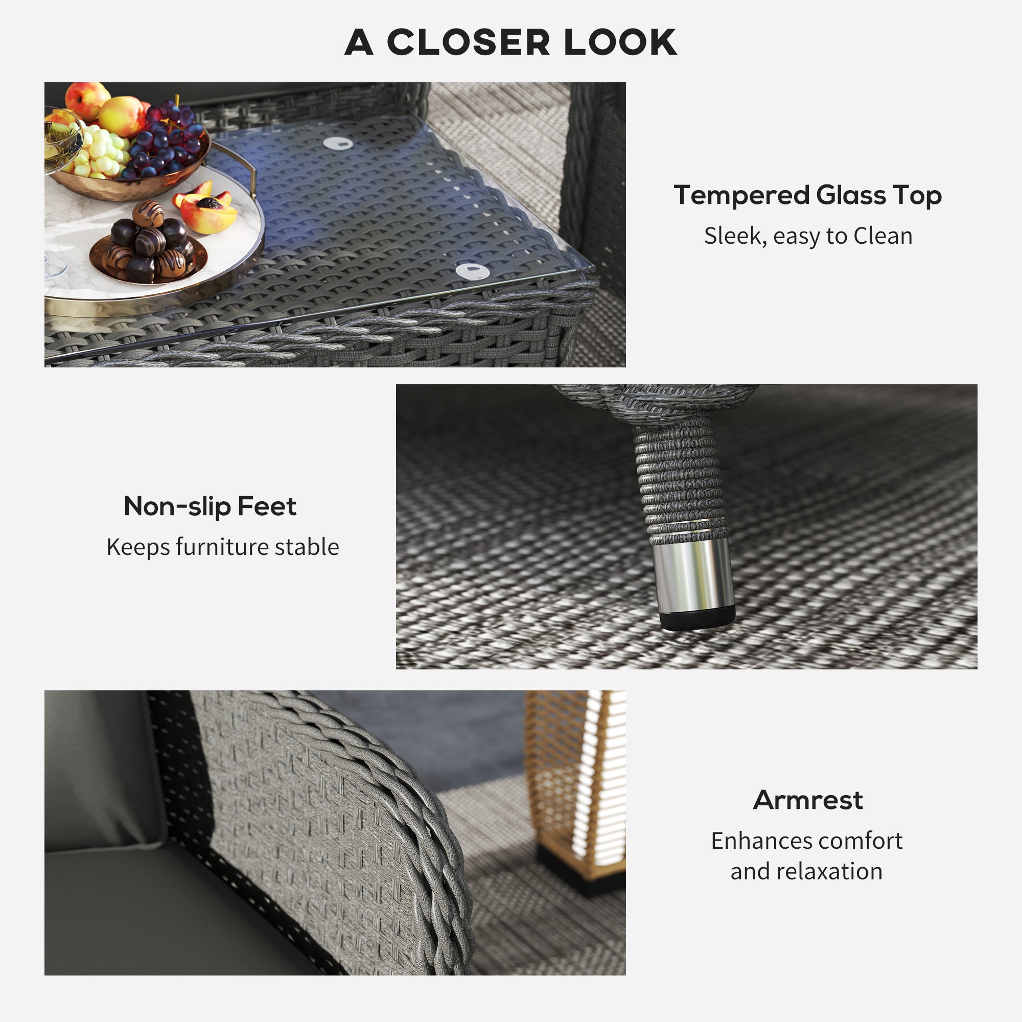 Four-Piece Sofa Set, Rattan with Glass-Top Table, Light Grey