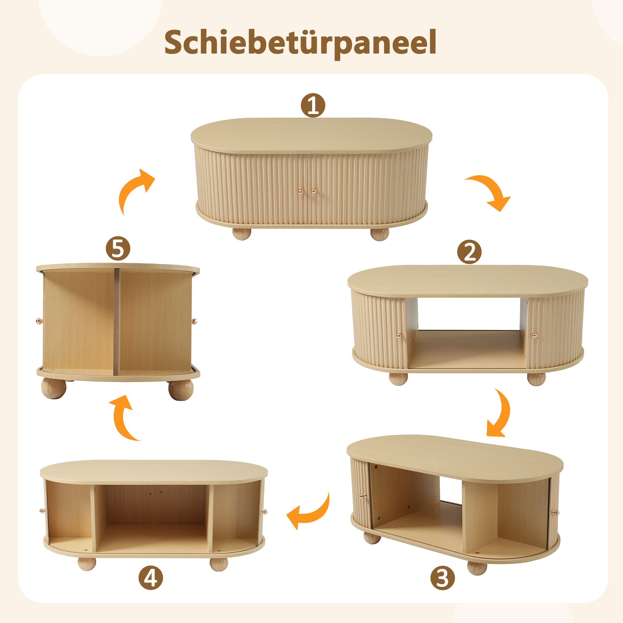 Oval Coffee Table with Storage and Sliding Doors, Multifunctional, Wood Colors