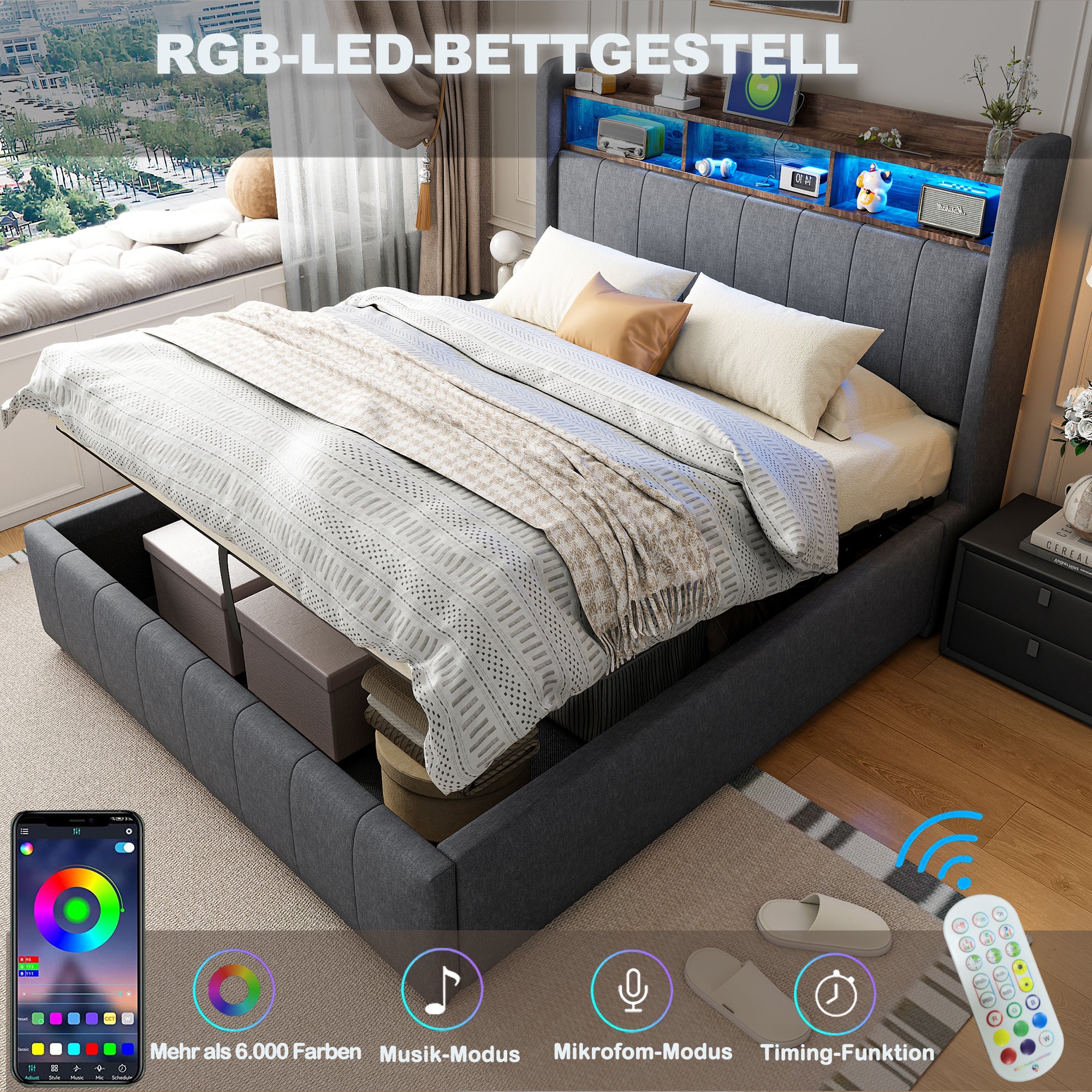 Upholstered Bed 180x200cm LED USB Hydraulic Storage Headboard | Linen Fabric Grey