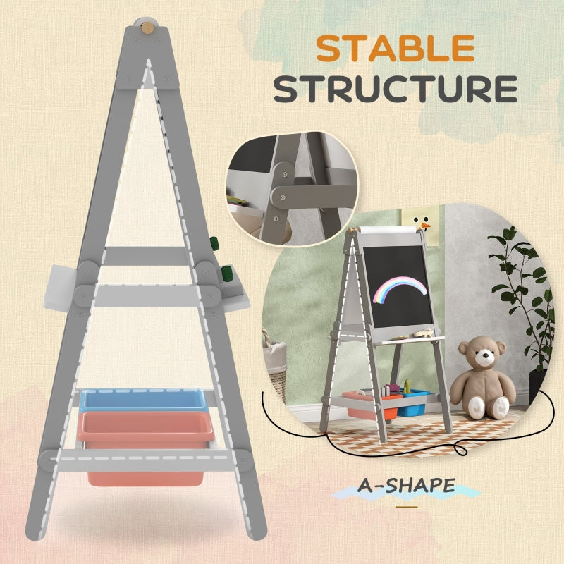 Art Easel for Kids, Double-Sided Chalkboard Whiteboard with Paper Roll, Grey Pine