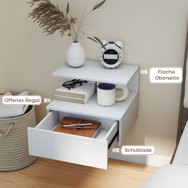 Hanging Nightstand, Drawer, Open Compartment, White