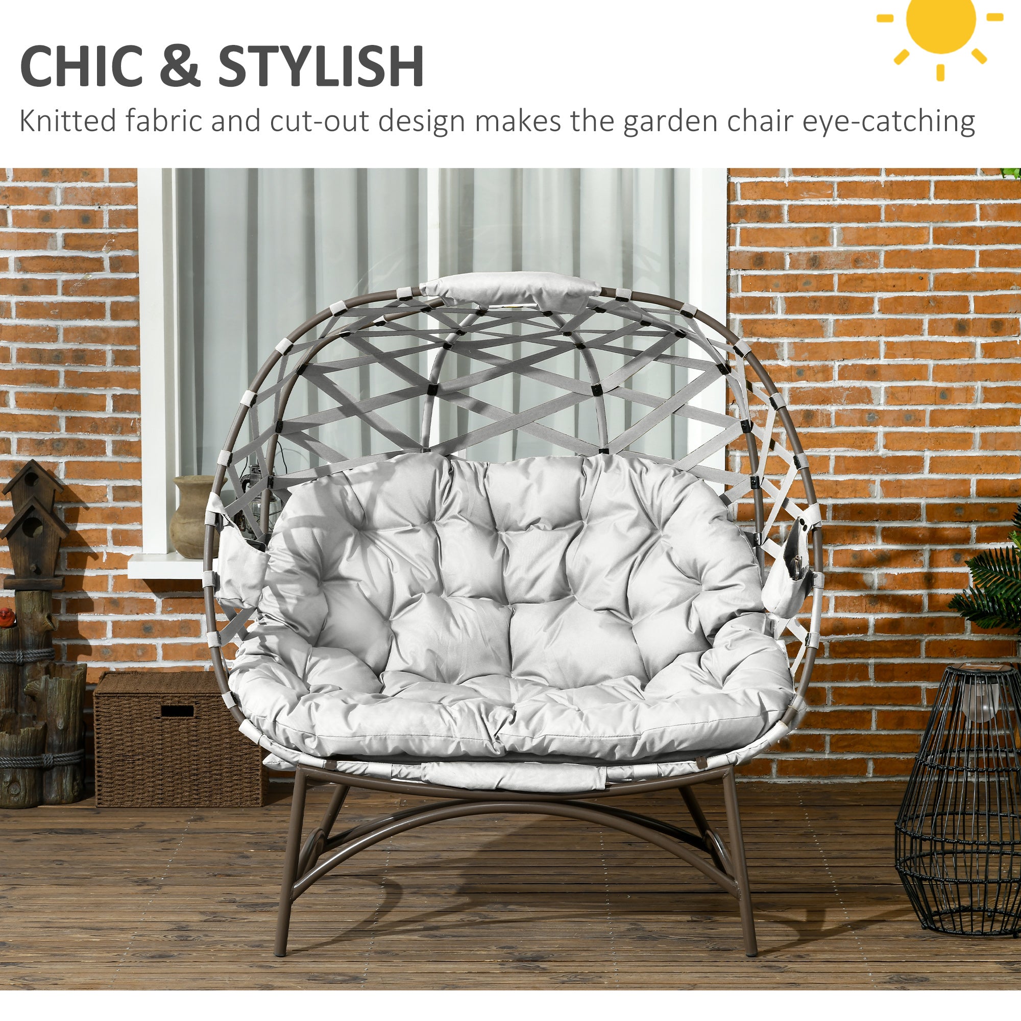 2 Seater Egg Chair Folding with Cushion and Cup Pockets, Light Grey Weave