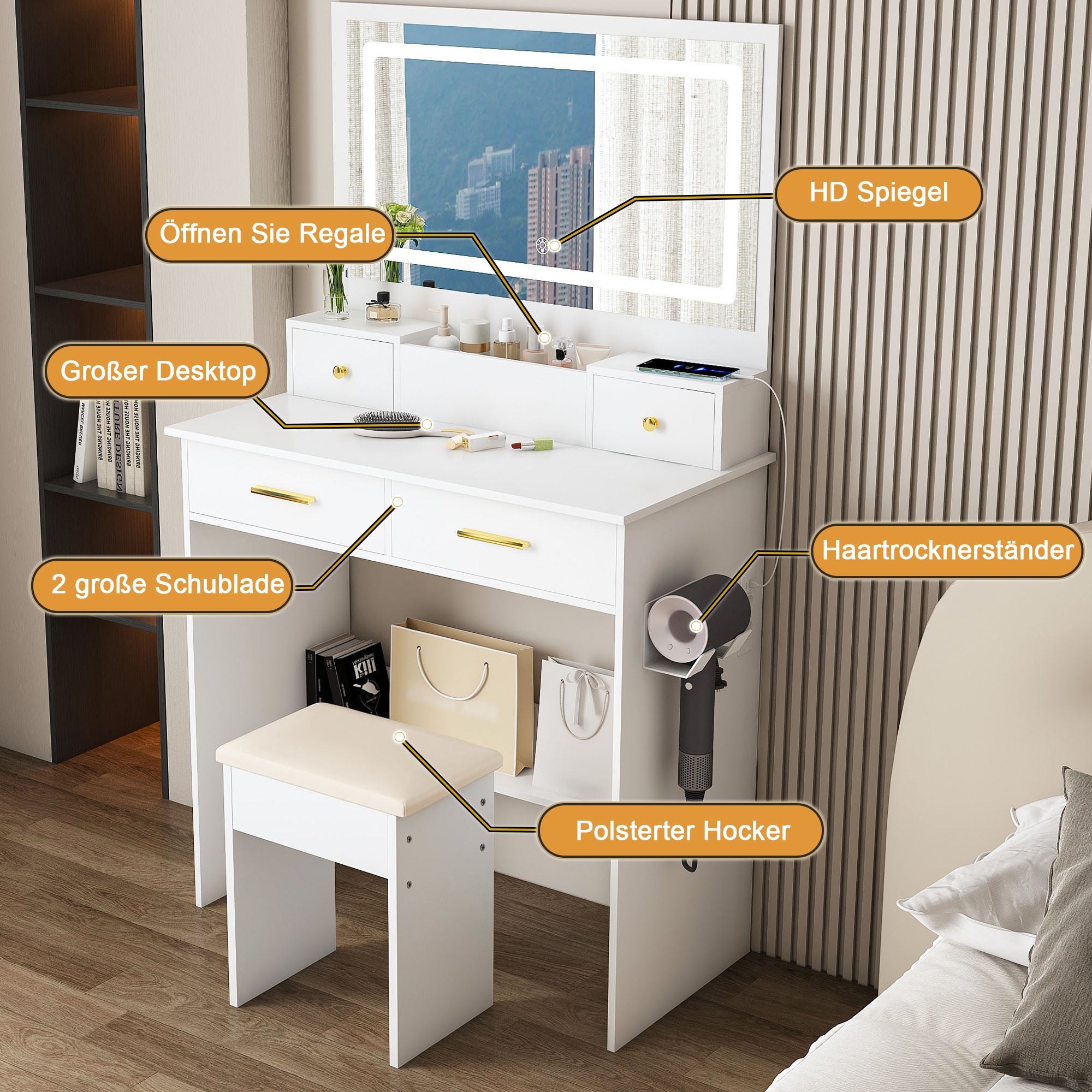 Bedroom Dressing Table, XXL Mirror, Stool, Socket, 4 Drawers, LED Light - White