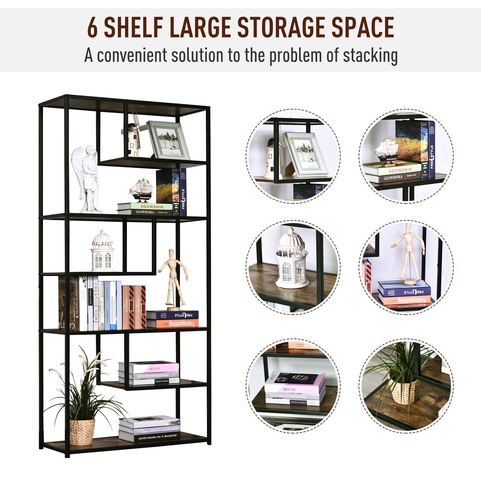 6 Tier Bookcase Industrial Tall Shelf Unit Steel Frame Rustic Brown and Black