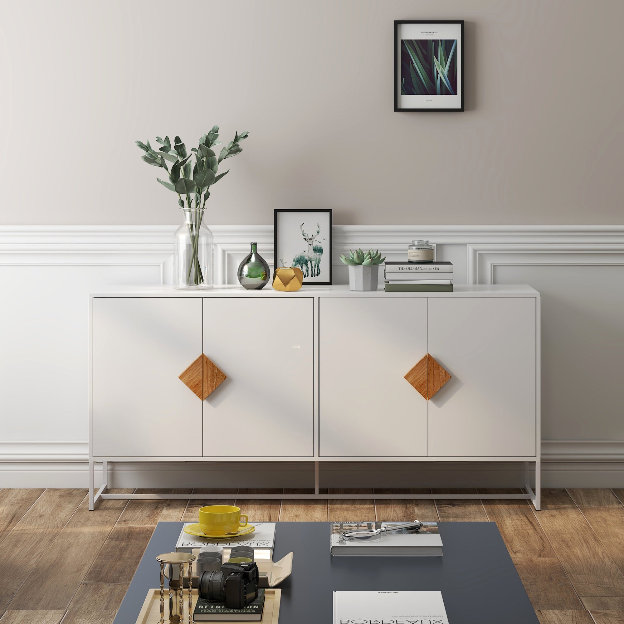 Sideboard, 4 Doors Double Storage Square Handle Design, Solid Wood