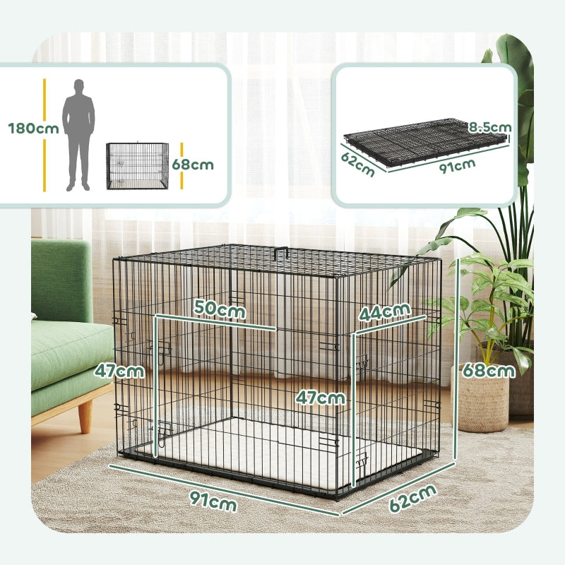 Foldable Dog Crate with 2 Doors, Tray, Soft Cushion, Black
