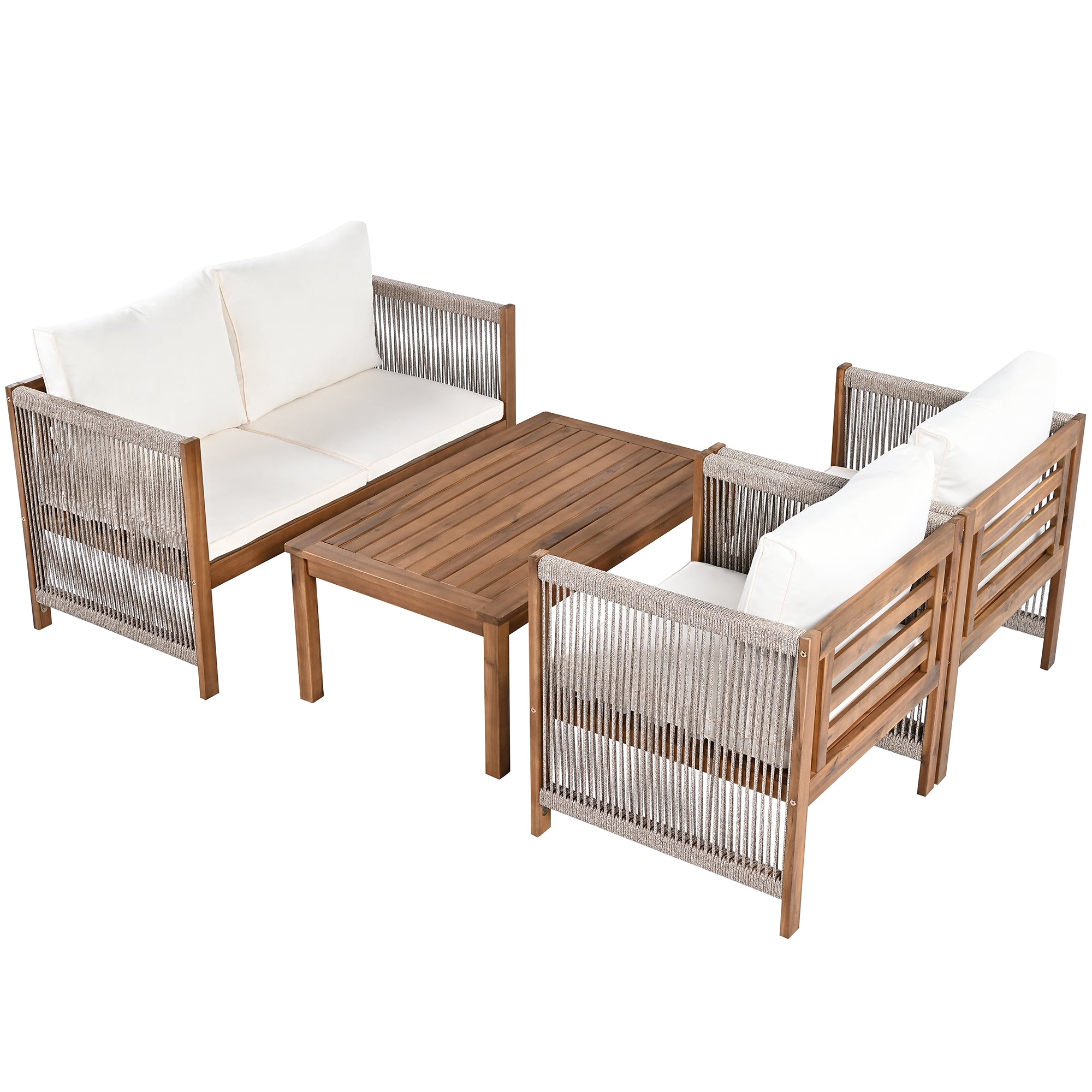 Garden Furniture Lounge Set with Double Sofa 2 Armchairs and Table, Acacia and Beige Rattan Look