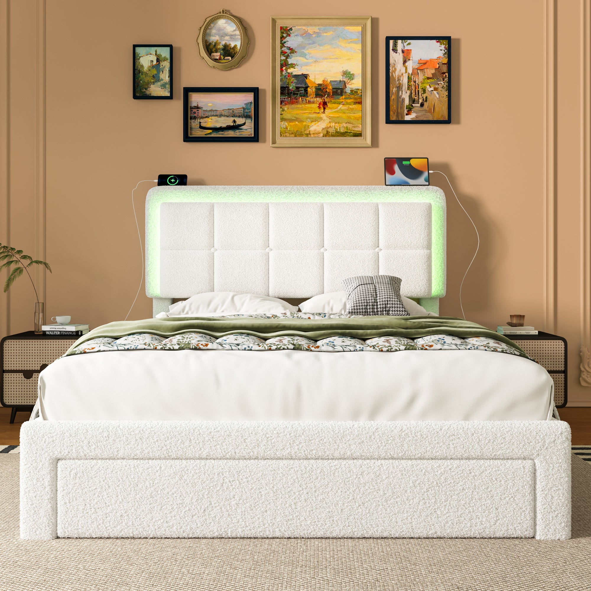 Bed Frame, Adjustable Headboard, Mood Light, USB Port, Teddy Velvet