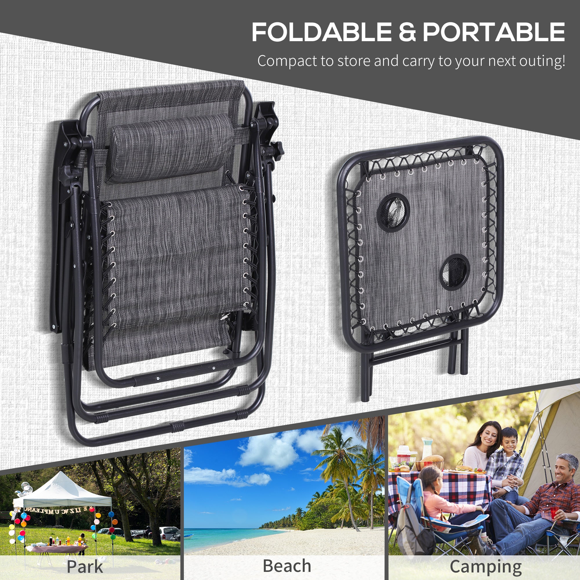 Folding Zero Gravity Chairs and Table Set with Cup Holders, Reclining Garden Yard Pool, Light Grey
