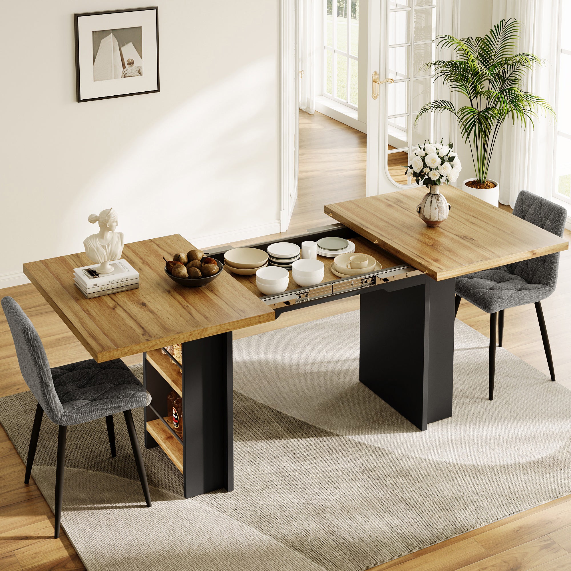 Telescopic Dining Table with Shelves and Extendable 120-160cm Surface, Wood Color