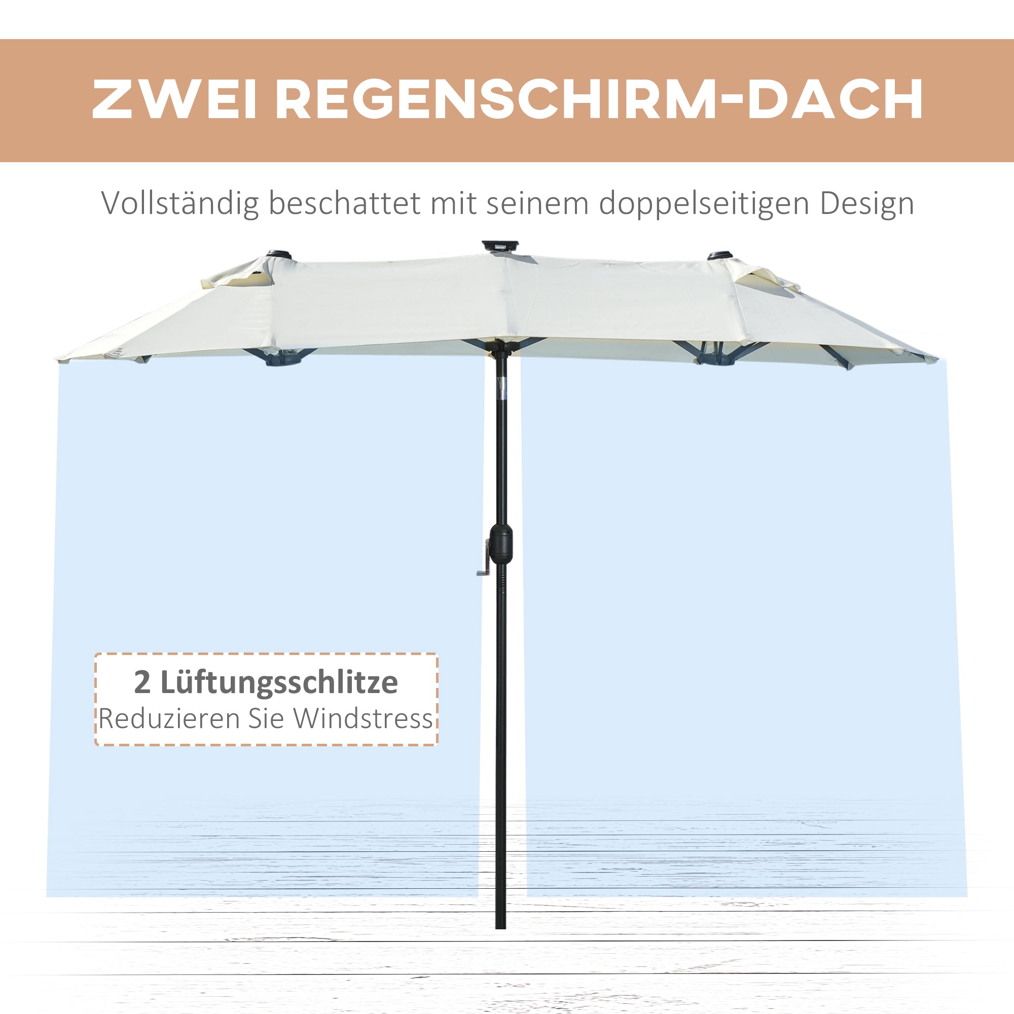 Double Parasol 295x219cm LED Adjustable Tilt Garden Umbrella, Polyester & Steel, Beige