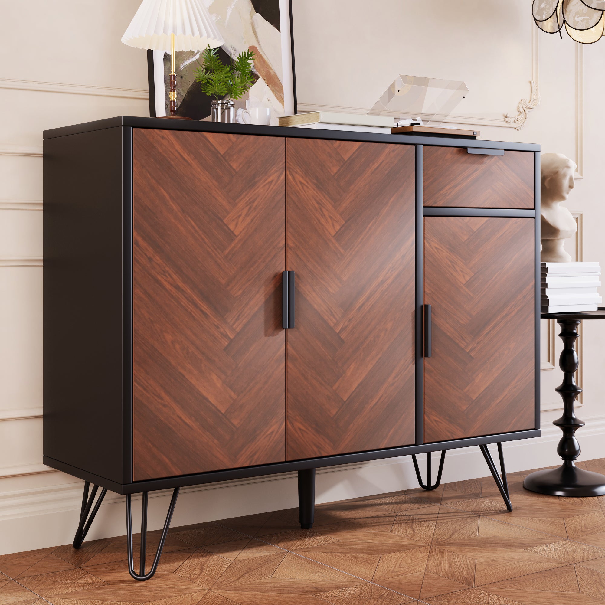 Storage Cabinet, Modern Sideboard with Drawer & Adjustable Shelves, Black & Wood Look