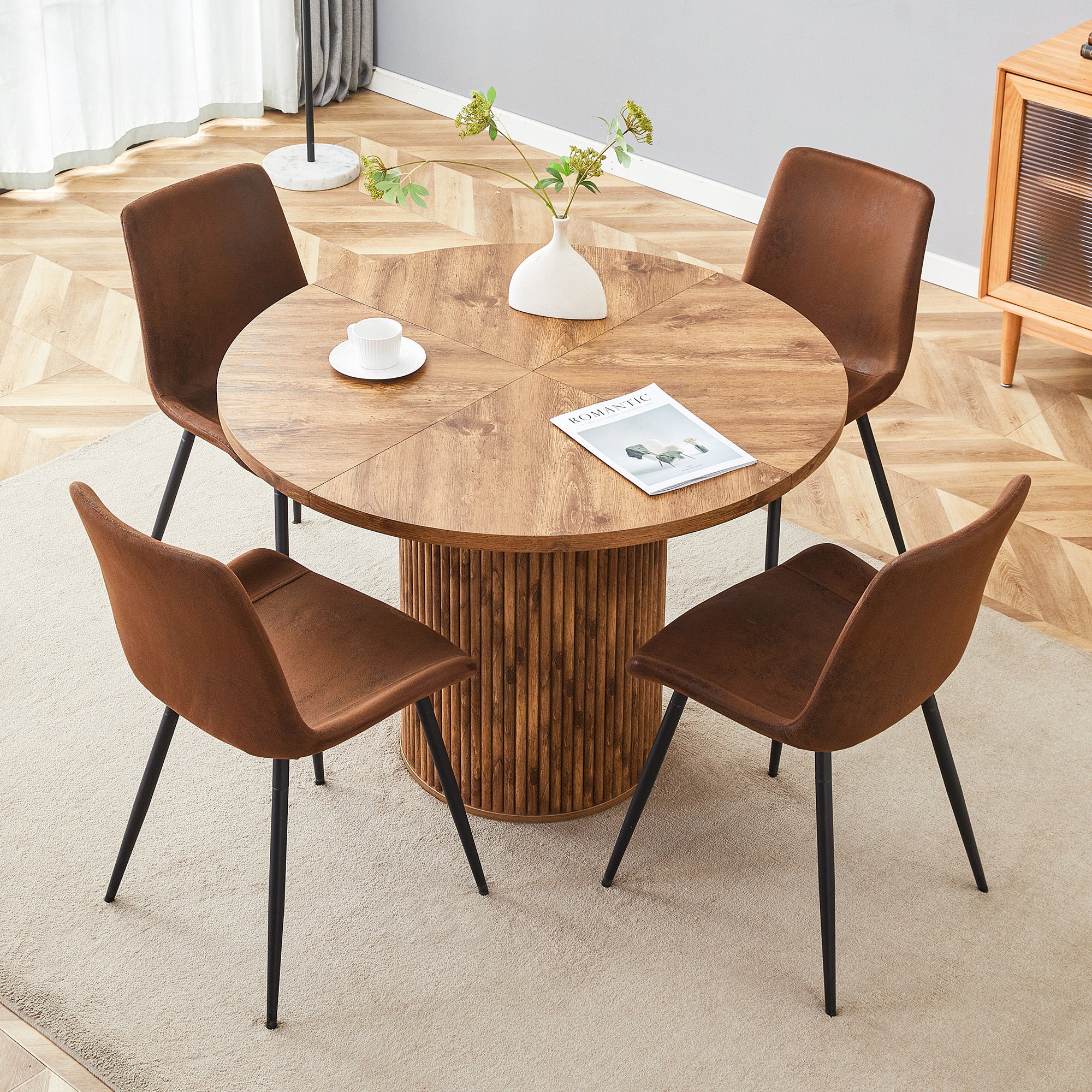 Minimalist Round Dining Set 100cm Table 4 Chairs MDF Wood Look/Brown Fabric