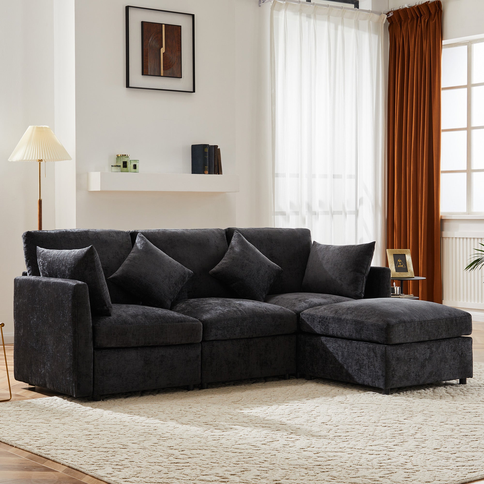 Sofa, Three-Seater, Four-Seater, L-Shaped Corner with Footstool, Chenille Fabric