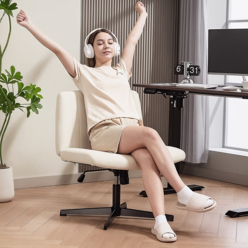 Armless Office Chair, Criss Cross Leg, Wide Seat, Height Adjustable Swivel, Linen Fabric, Cream