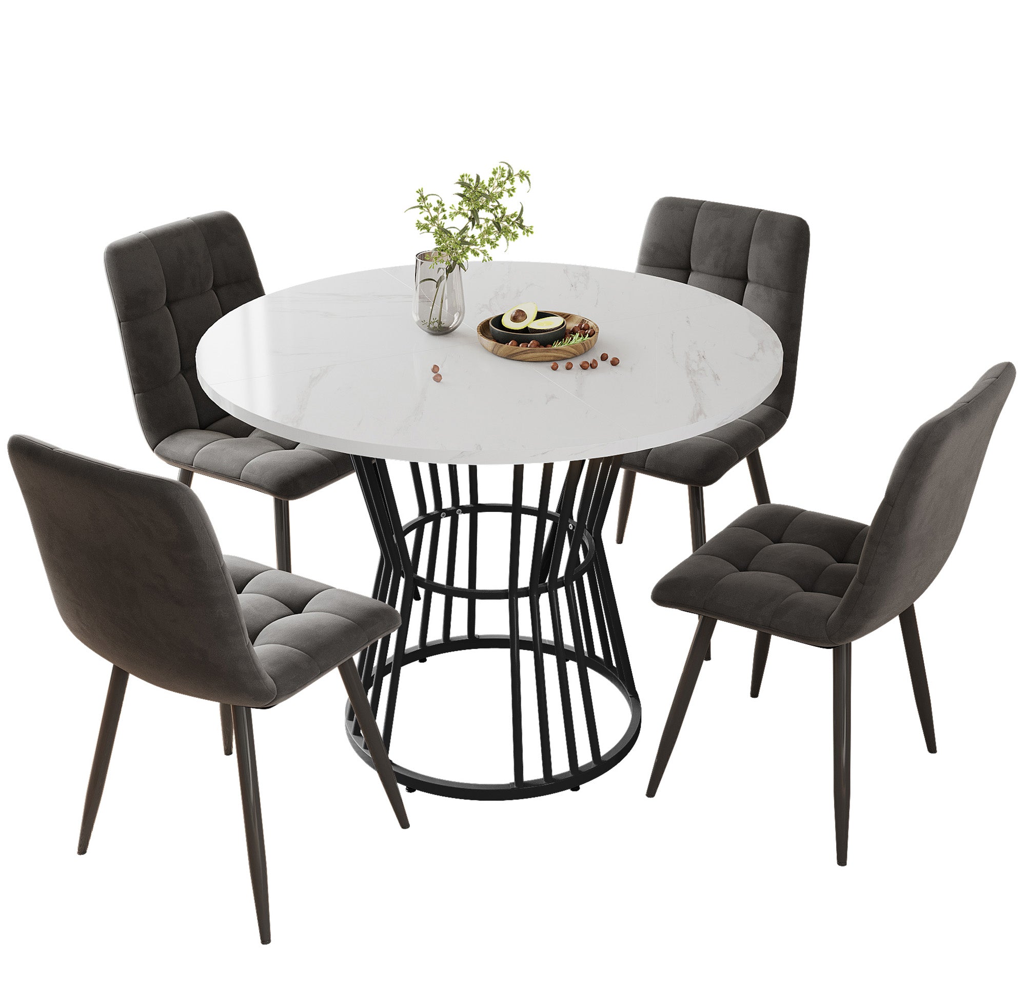 Dining Table Set 5-Piece Round 100cm Black Metal White MDF Dark Grey Velvet