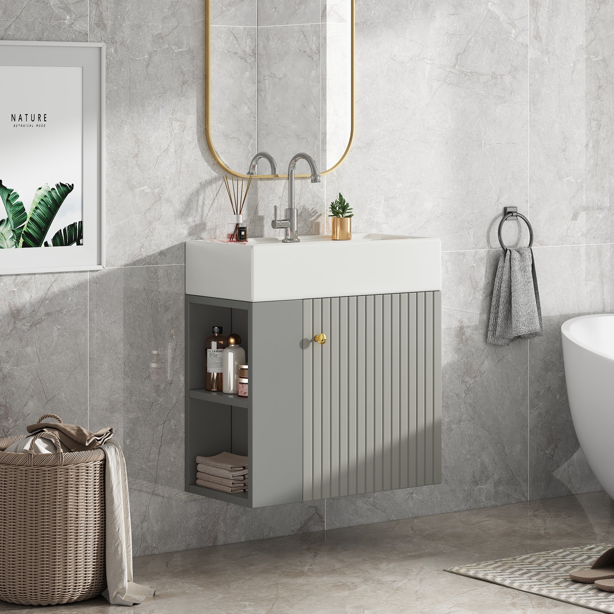 Bathroom Furniture Washbasin with Vanity Unit 55cm, Hanging, Light Grey