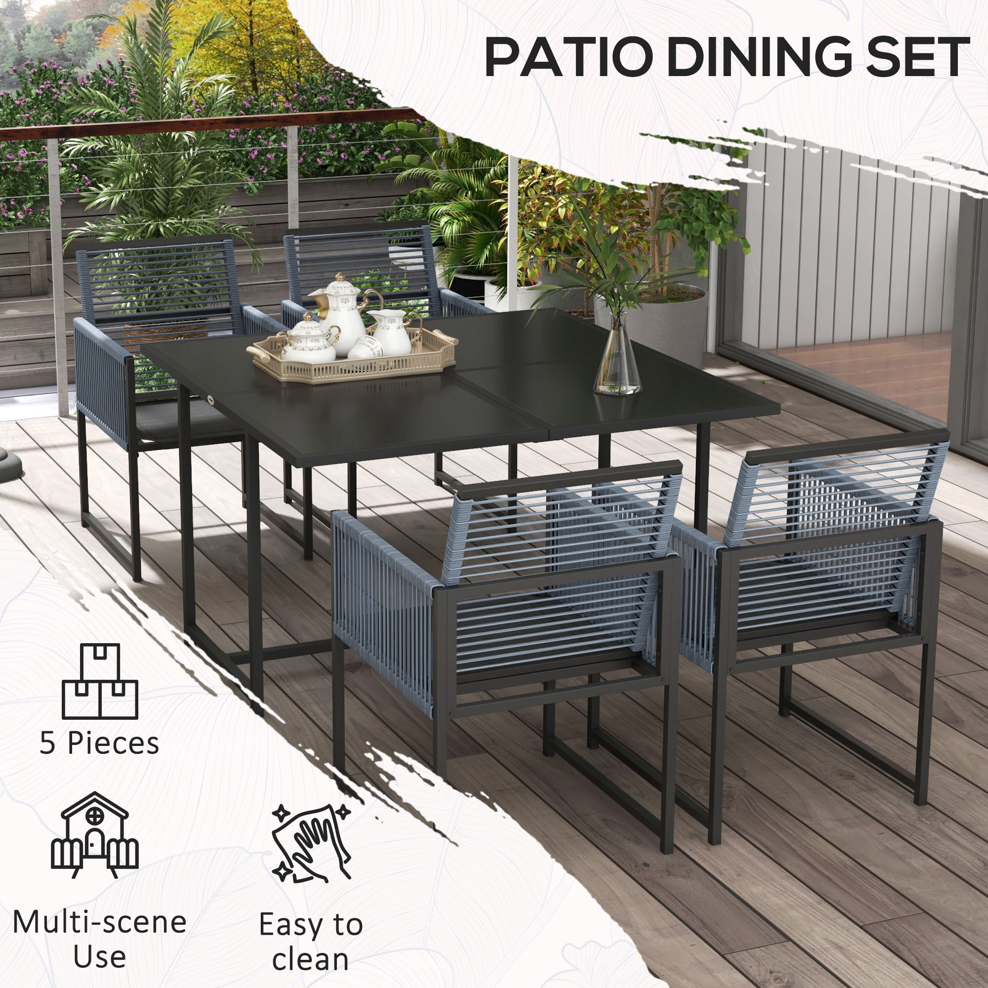 Five-Piece Dining Set with Folding Back Chairs, Metal Dark Grey