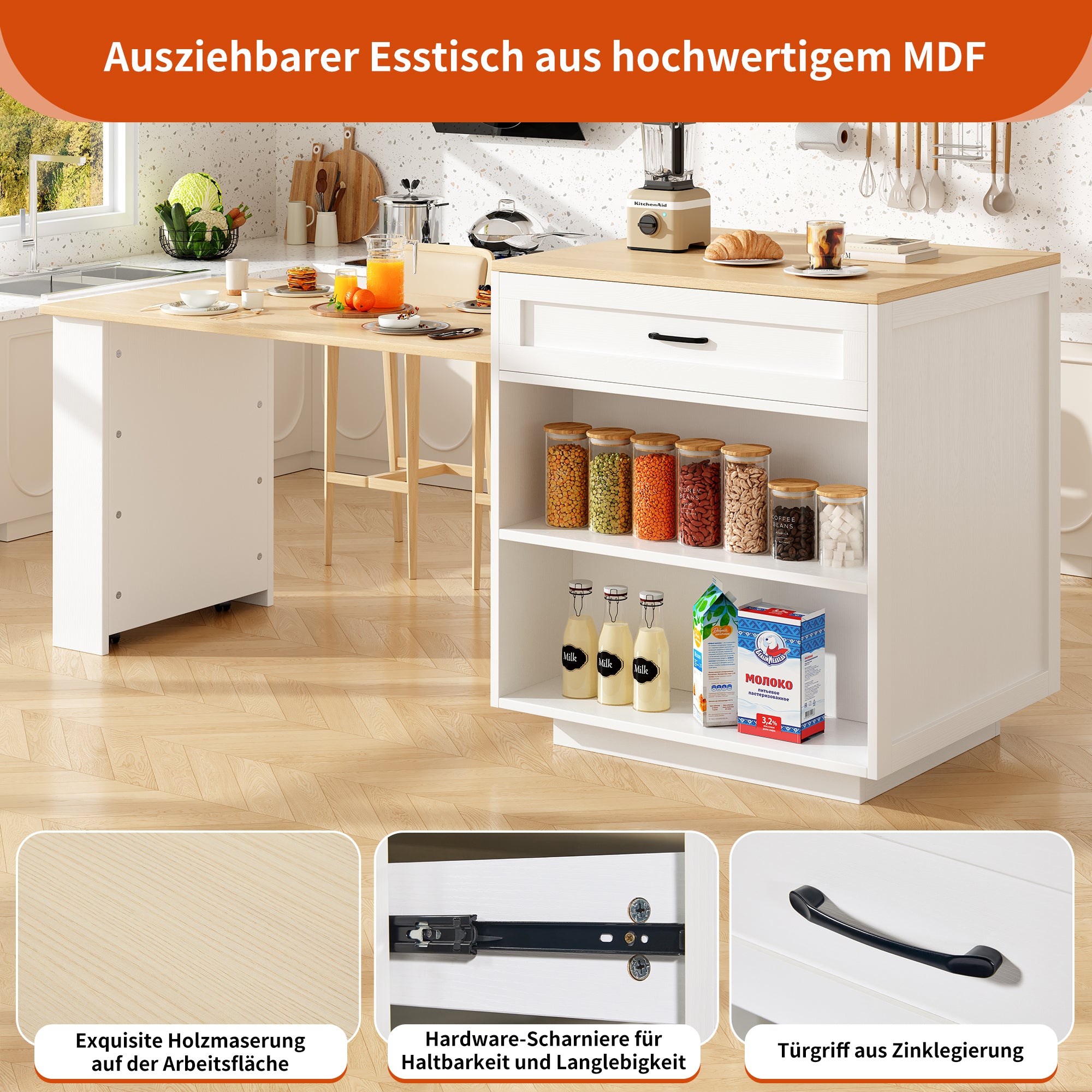 Extendable Bar Table Storage 2 Drawers Side Shelves - White