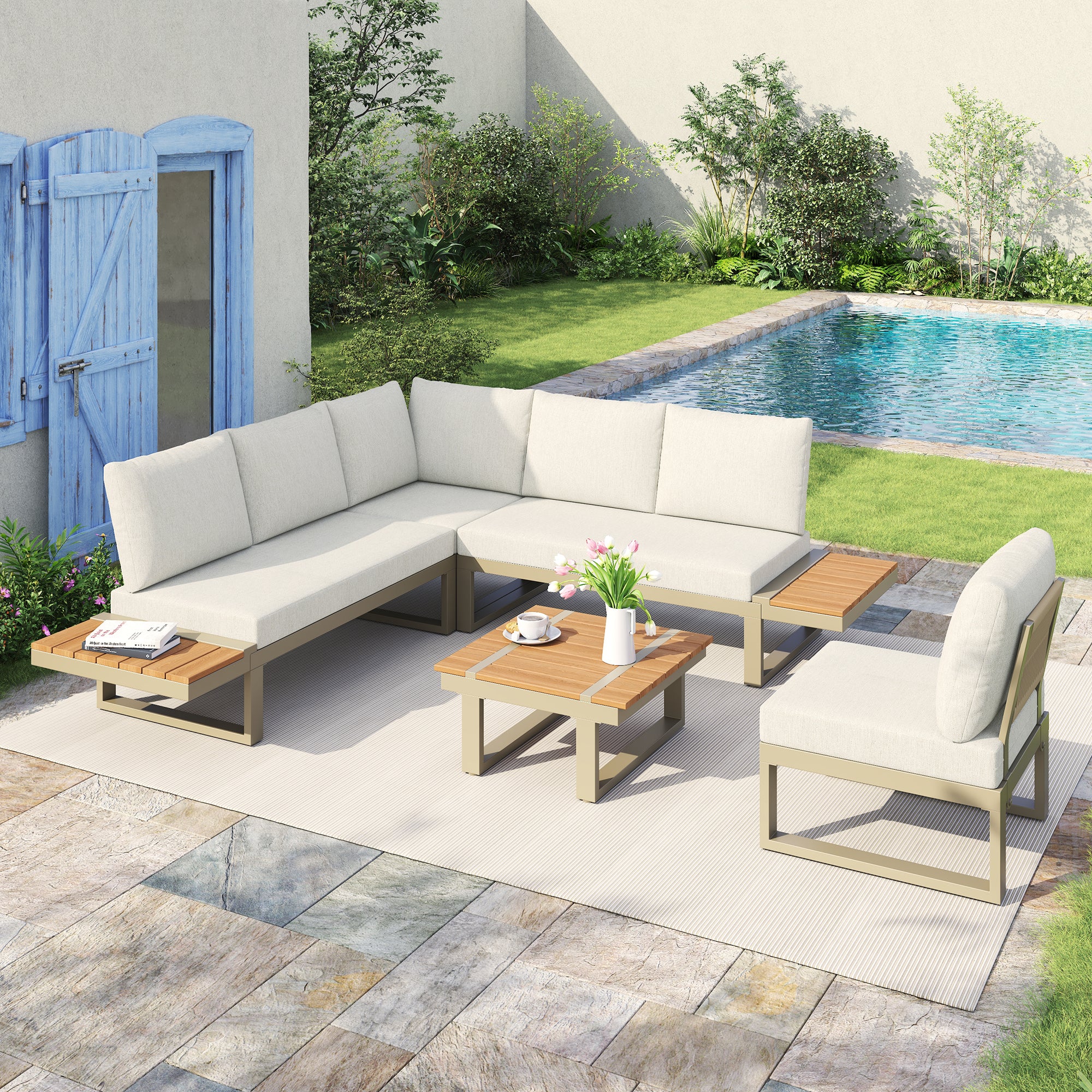 Garden Furniture Set with 2 Convertible Reclining Beds and Coffee Table, Beige