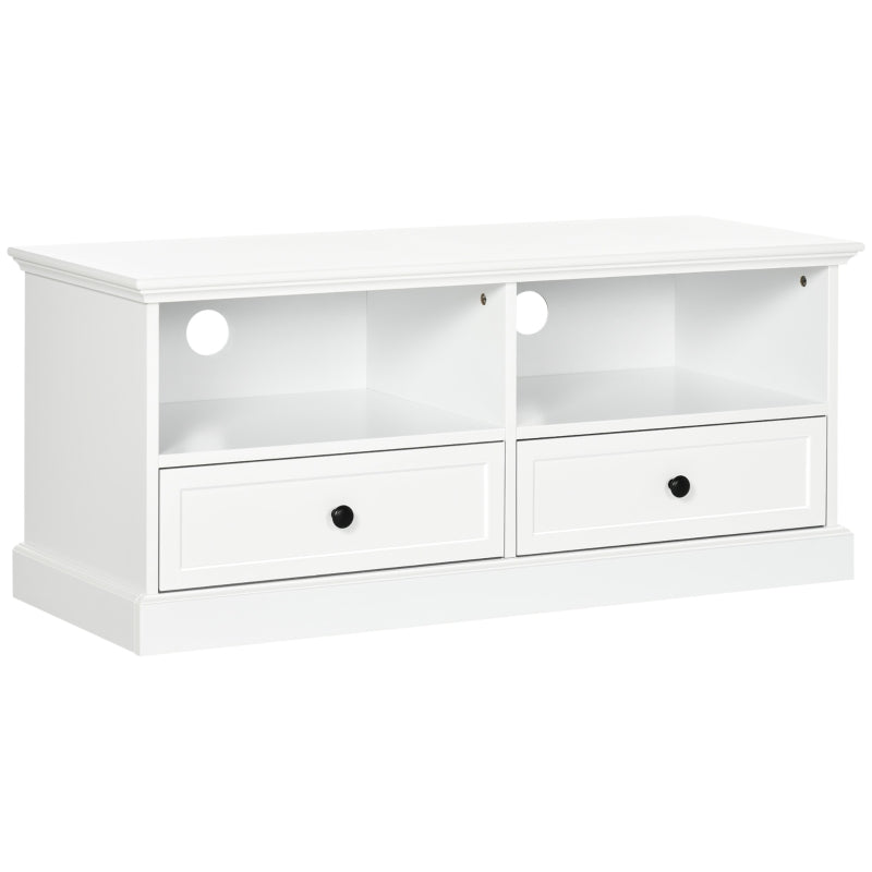 Modern TV Unit Cabinet for 45 Inch TVs, with Drawers, Open Shelves, Cable Holes, White