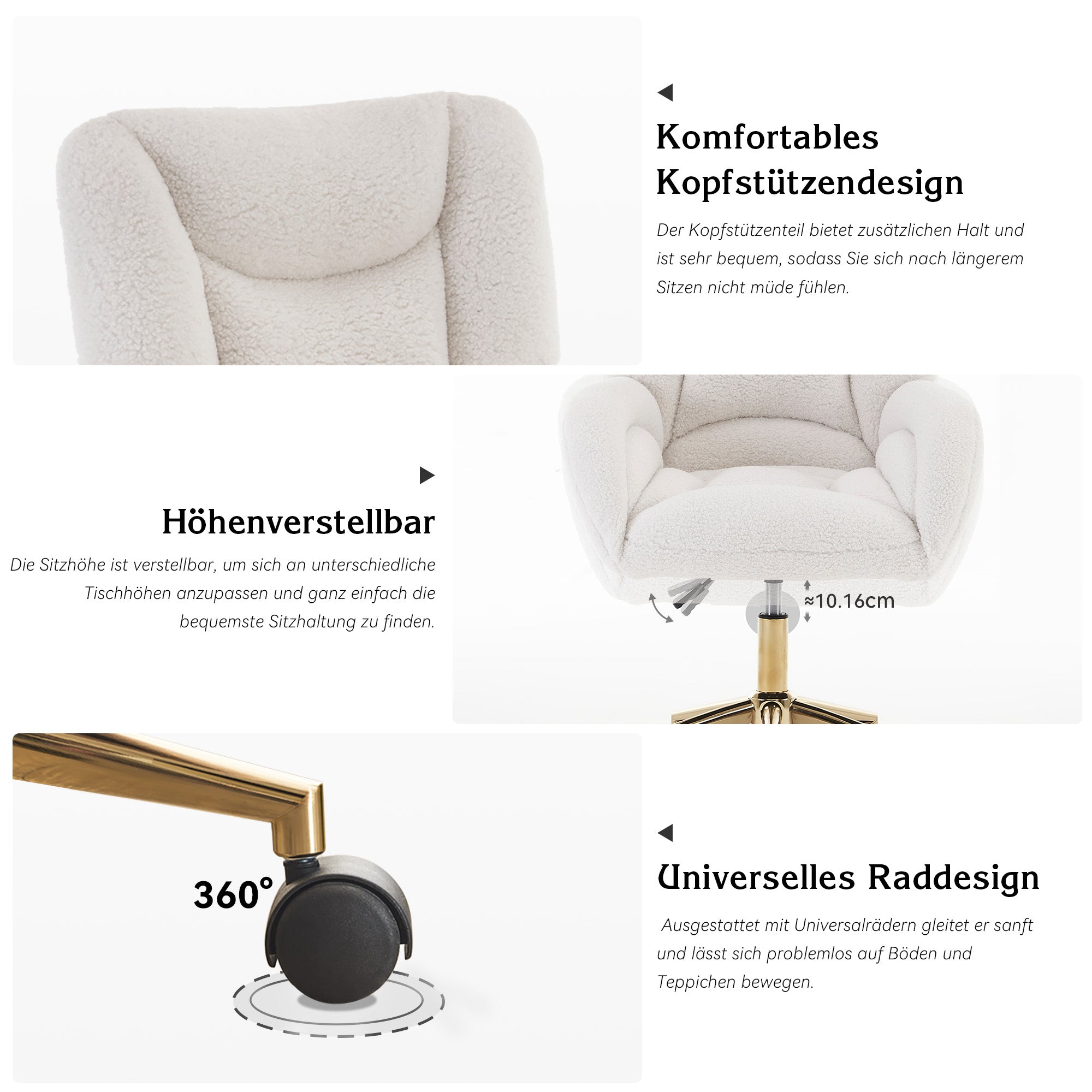 Swivel Chair Height-Adjustable Gold Legs - White Teddy Fabric