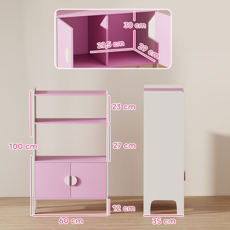 Kids Bookcase, 2 Shelves 2 Cabinets Freestanding, Pink+White MDF