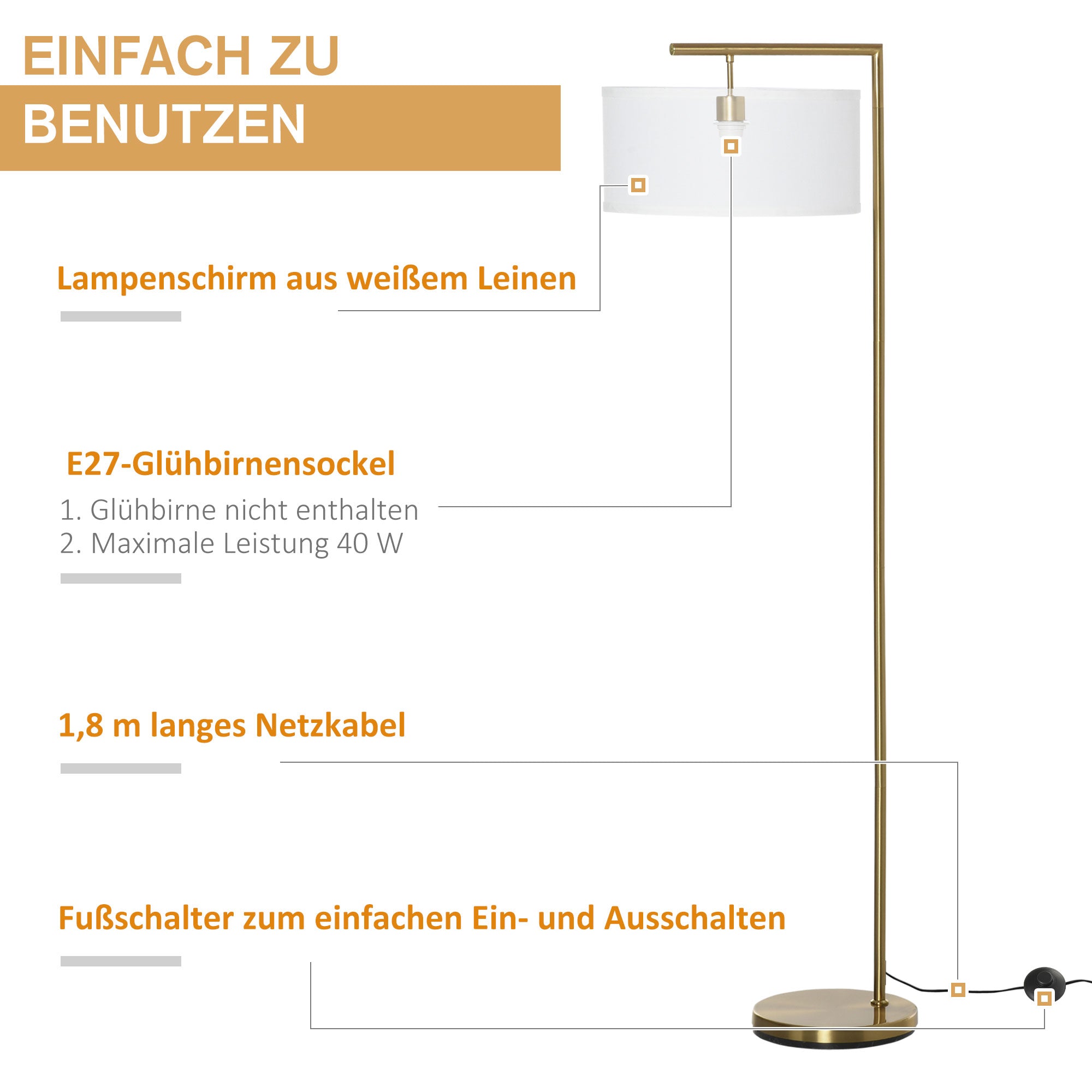 Floor Lamp with E27 Socket for Living Room, Bedroom, Office, Metal, Steel, Linen, Gold, White