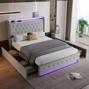 Upholstered Bed, 4ft6 Double with 4 Drawers, Light Strips & Charging Socket, Grey Velvet