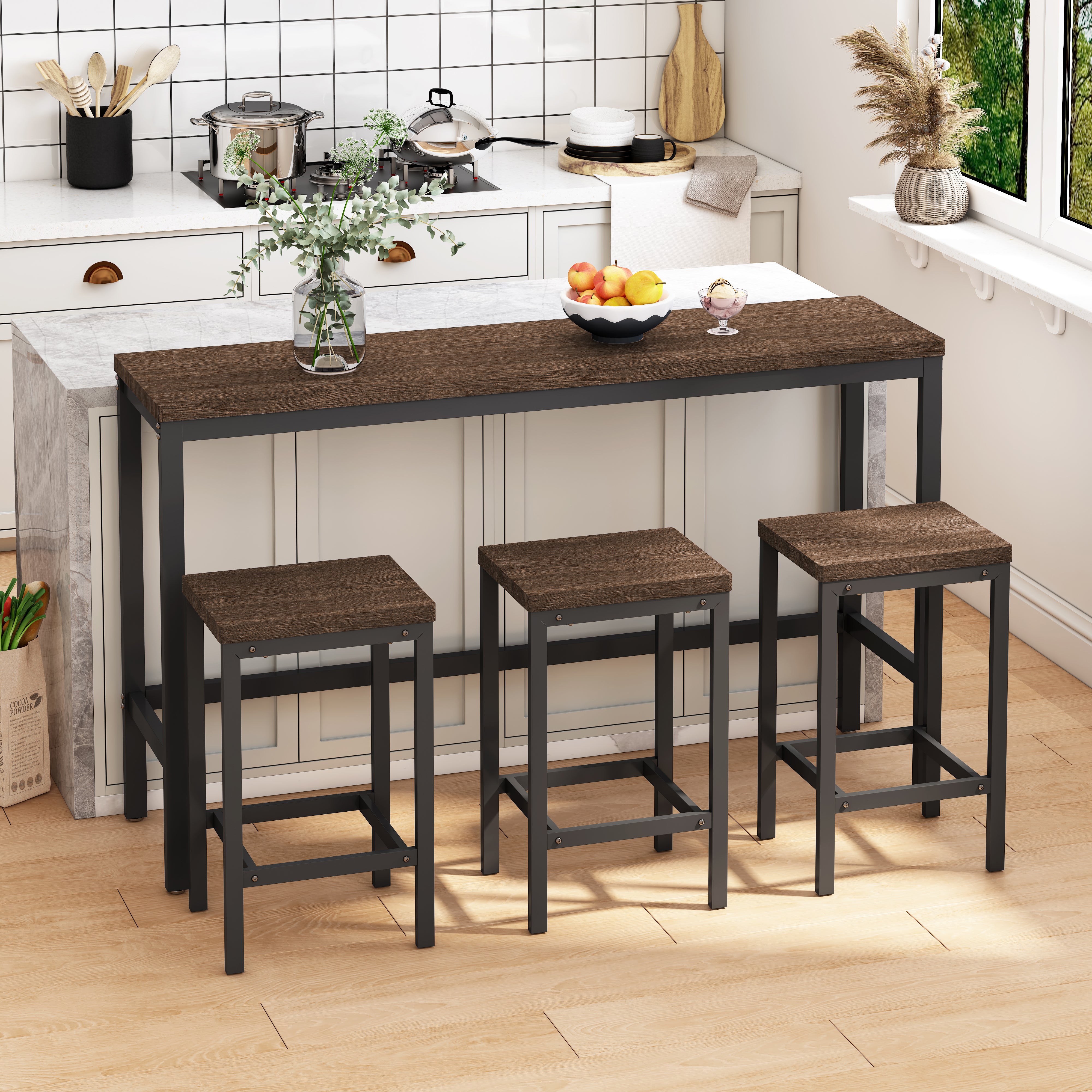 Modern Design Kitchen Dining Table 148CM with 3 Stools, Dark Brown
