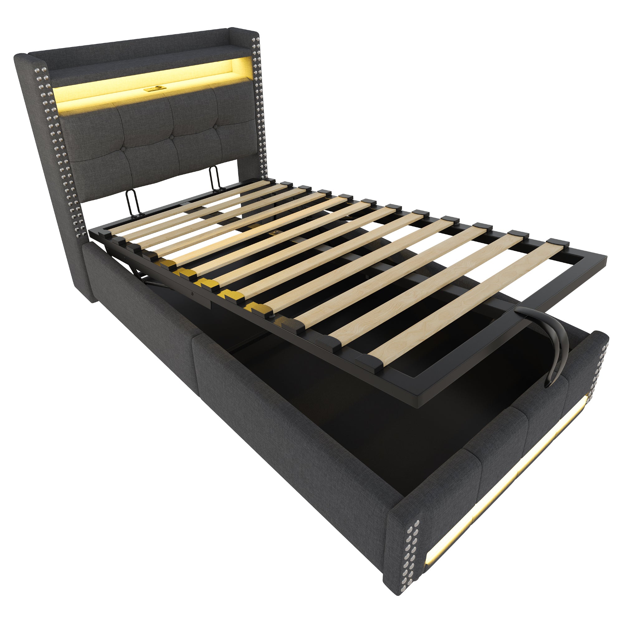 Linen Upholstered Single Bed with Storage, LED Lights & USB Charging