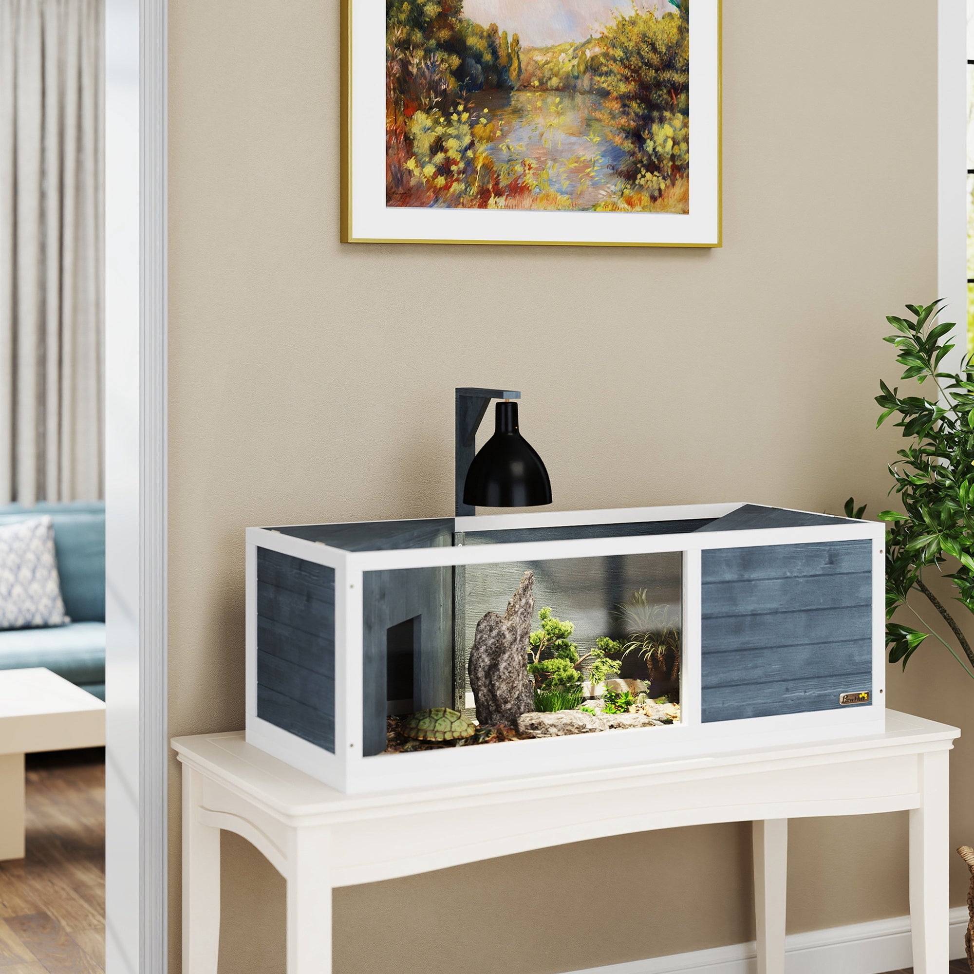 Wooden Turtle House, 2 Main Houses Hinged Top Light Stand Transparent Front Panel, Grey