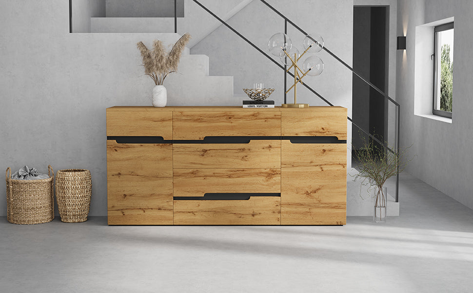 Sideboard Cabinet with 2 Doors, 4 Drawers, Handleless, Wood Color + Black