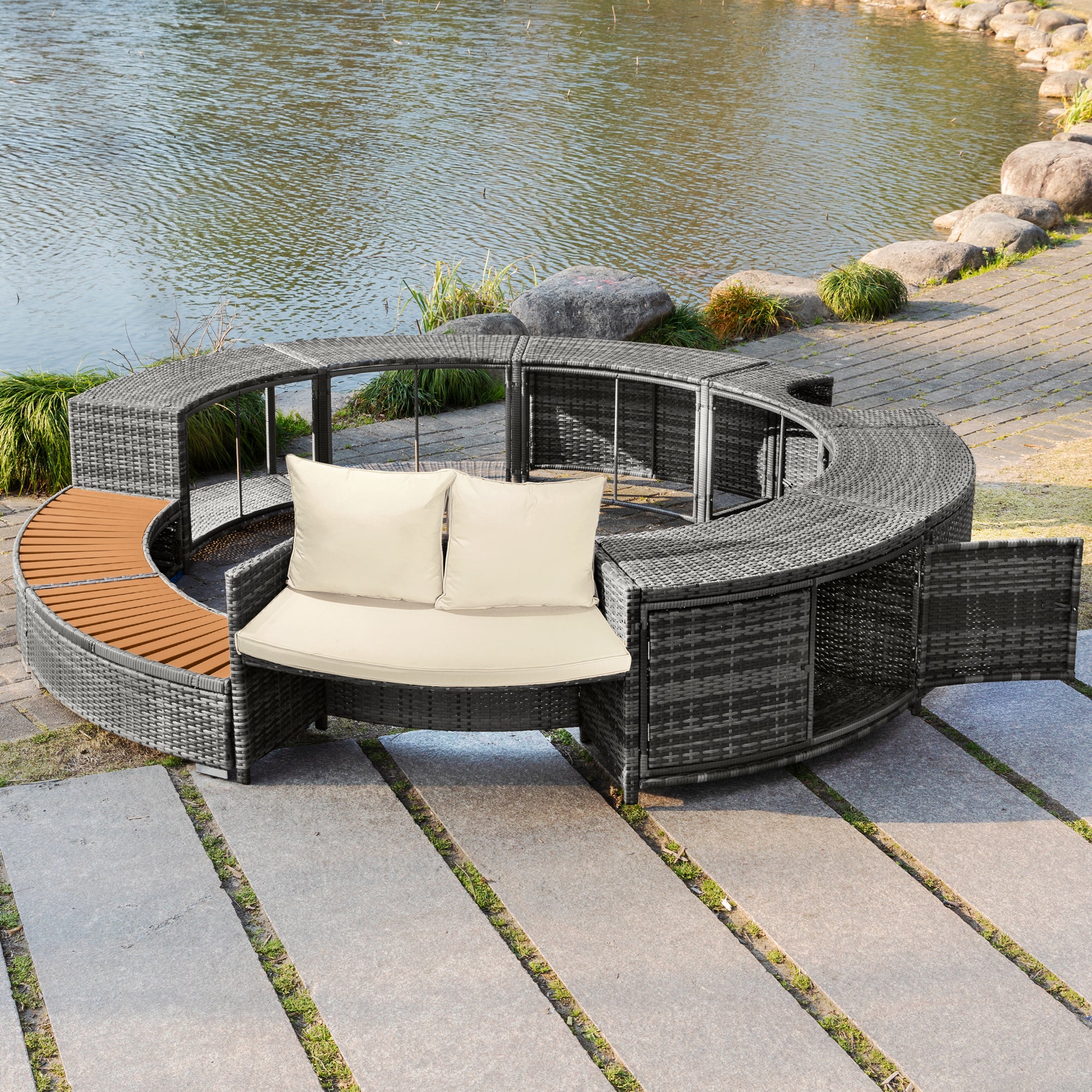 Garden Lounge Set with Round Couch, Adjustable Feet, Cushions
