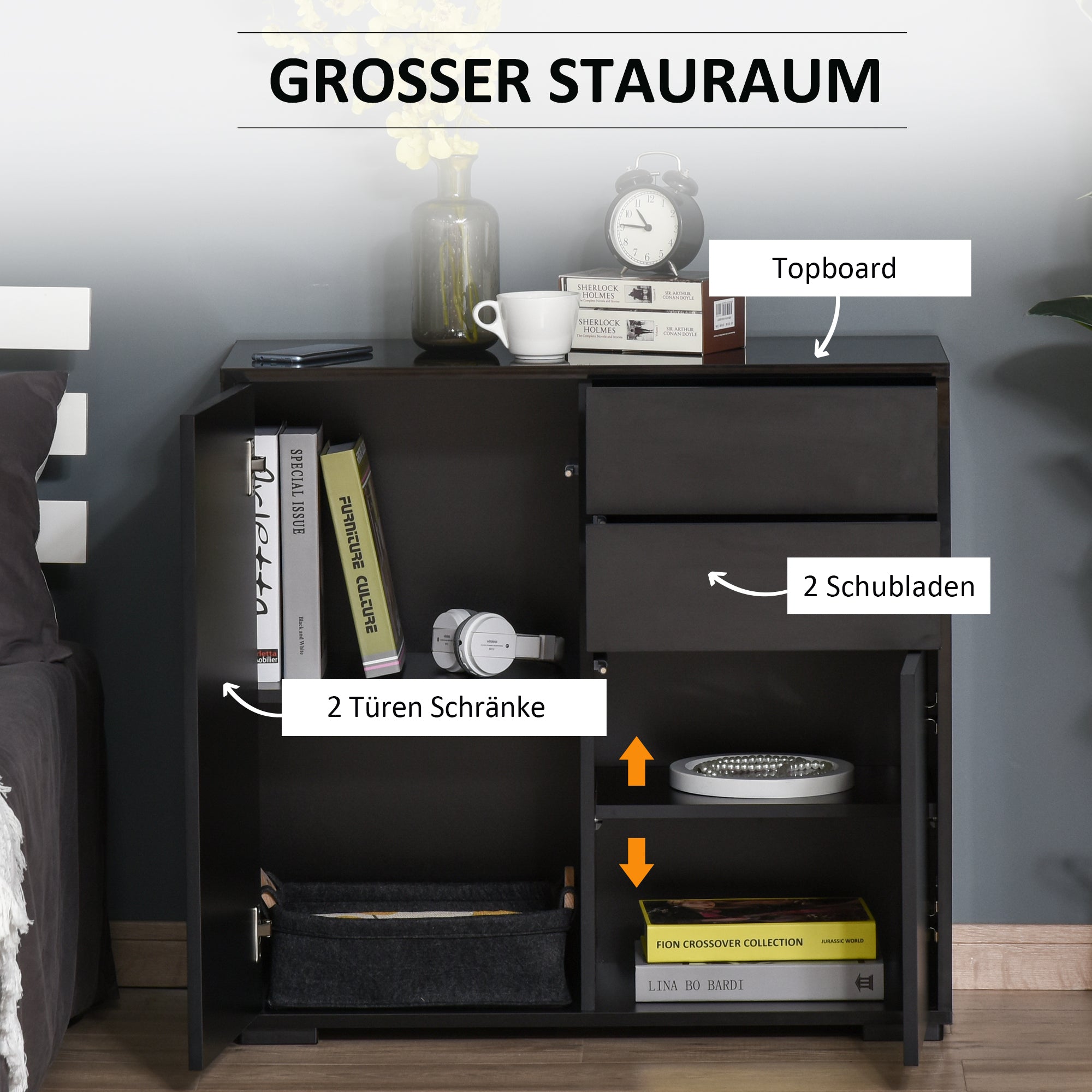 Sideboard Storage Cabinet with 2 Drawers & 2 Doors Black