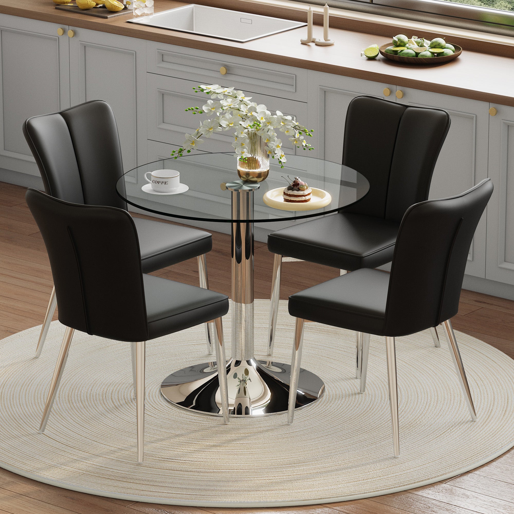 Dining Table Set, 85cm Tempered Glass Table with 4 Chairs, Black PU