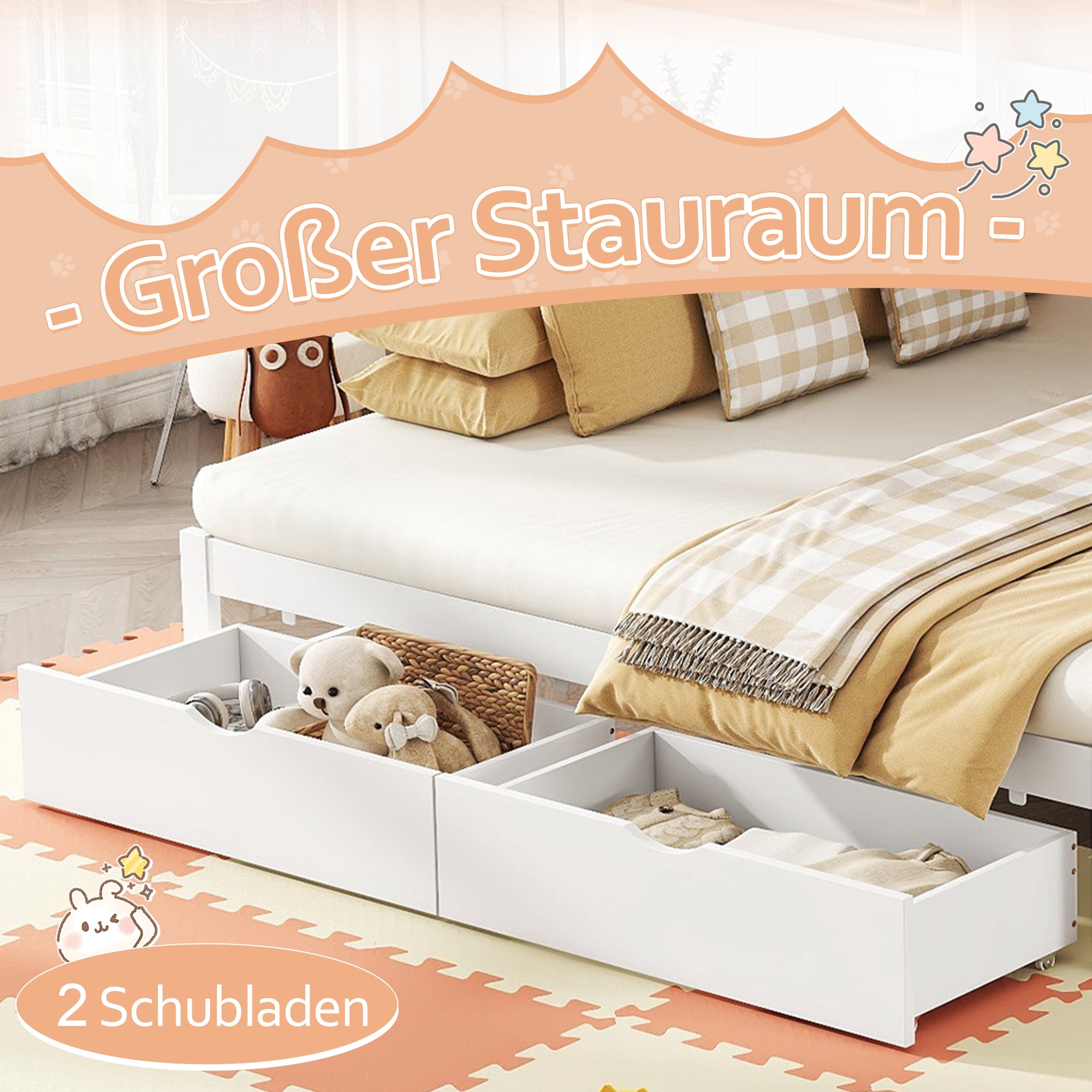 Bunk Bed 90x200cm, Pull-Out Bed, Stowable Steps, 2 Drawers, Pine Wood, White